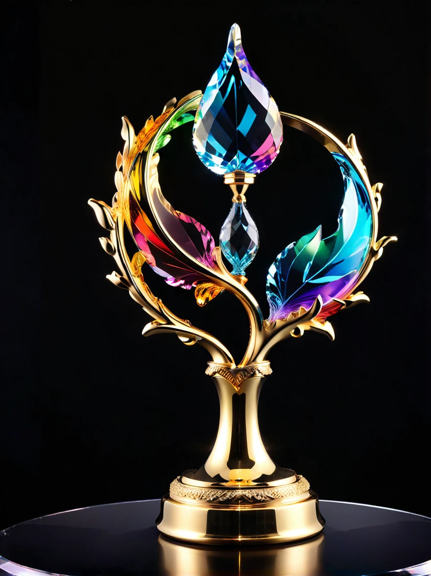 best quality, very good, 16K, Golden trophies, Shiny gold plated, Twisted, Luxurious and cool faucet shape, Displayed on a rainbow crystal base, Background translucent black room, Light Up