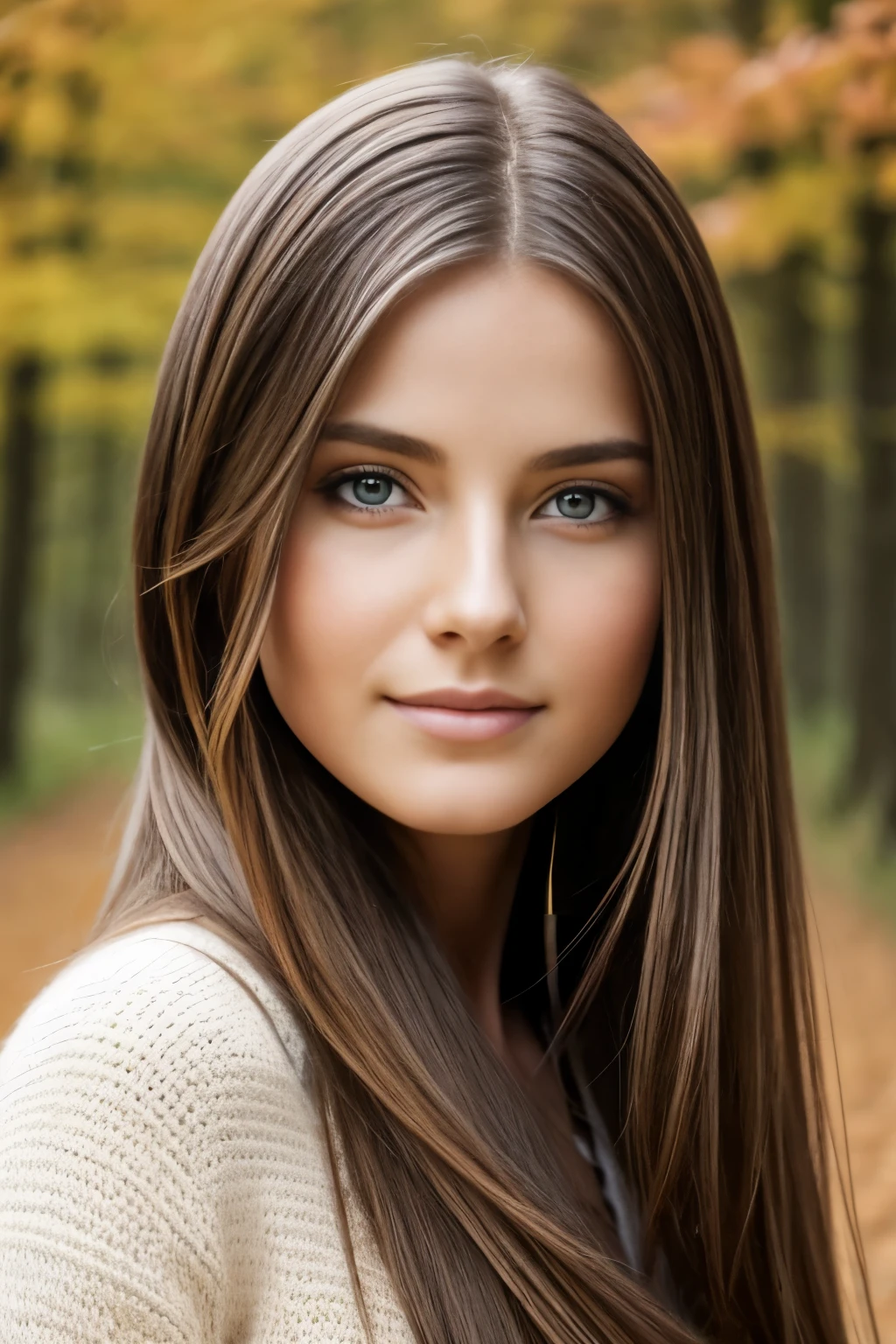 Natural photography of a beautiful young woman, gestyltes Haar, Herbstkleidung tragen, Fotorealistisch, symmetrisches Gesicht, symmetrische Augen, sanfte Pastellfarben, kompliziert, Pfadverfolgung, Illustration, wahnsinnig detailliert, Pfad verfolgt Haare