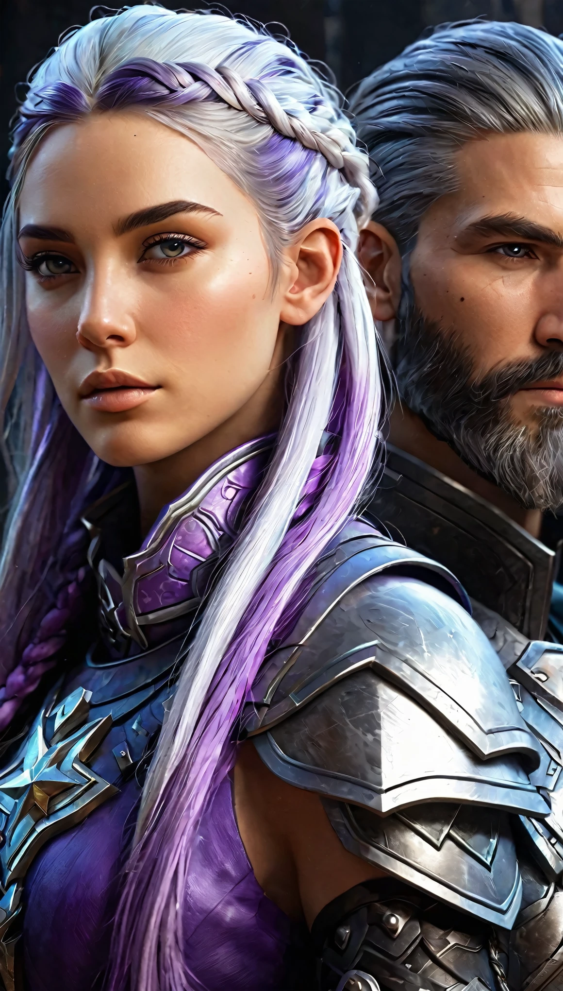 a close up of a person with a beard and a cryptic woman with very long white purple gradient hair in braid, unreal 5. woman is indifferent,kind, man has scar on face, both wearing detailed armor, sci-fi Cryptic Star,, rpg portrait, epic fantasy art style hd, medieval fantasy game art, fantasy game art, 8k high quality detailed art, cover game art, epic fantasy digital art style, artgerm ; 3d unreal engine, 4 k detail fantasy, epic fantasy art style, (best quality,4k,8k,highres,masterpiece:1.2),ultra-detailed,(realistic,photorealistic,photo-realistic:1.37), (full body shot:1.2), Cinematic Hollywood Film style