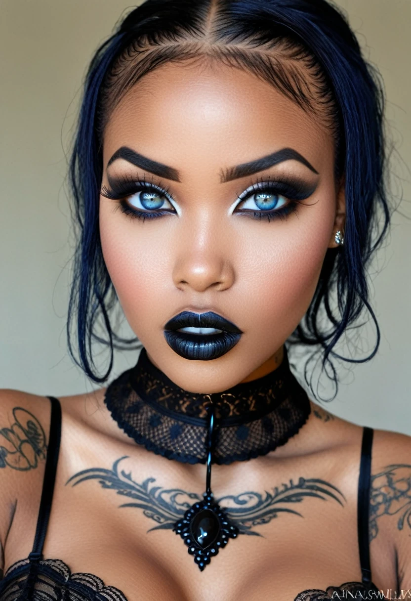 Create a photo realistic hyper realistic heavily tattooed young adorable goth african girl, beautiful perfect face, vibrant sapphire eyes, thin curved black eyebrows, long luscious eyelashes, black eyeliner, black eye shadow, puckered curved lips, thick black lipstick, long natural african hair, black lace choker collar, voluptuous curved body, black lingerie, black thong,