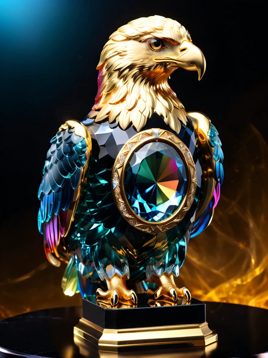 best quality, very good, 16K, Golden trophies, Shiny gold plated, Twisted, Luxurious and cool eagle shape, Displayed on a rainbow crystal base, Background translucent black room, Light Up