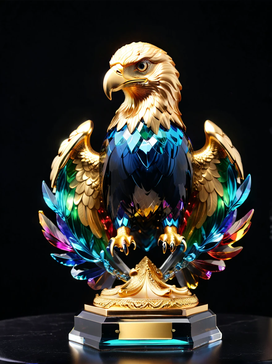 best quality, very good, 16K, Golden trophies, Shiny gold plated, Twisted, Luxurious and cool eagle shape, Displayed on a rainbow crystal base, Background translucent black room, Light Up