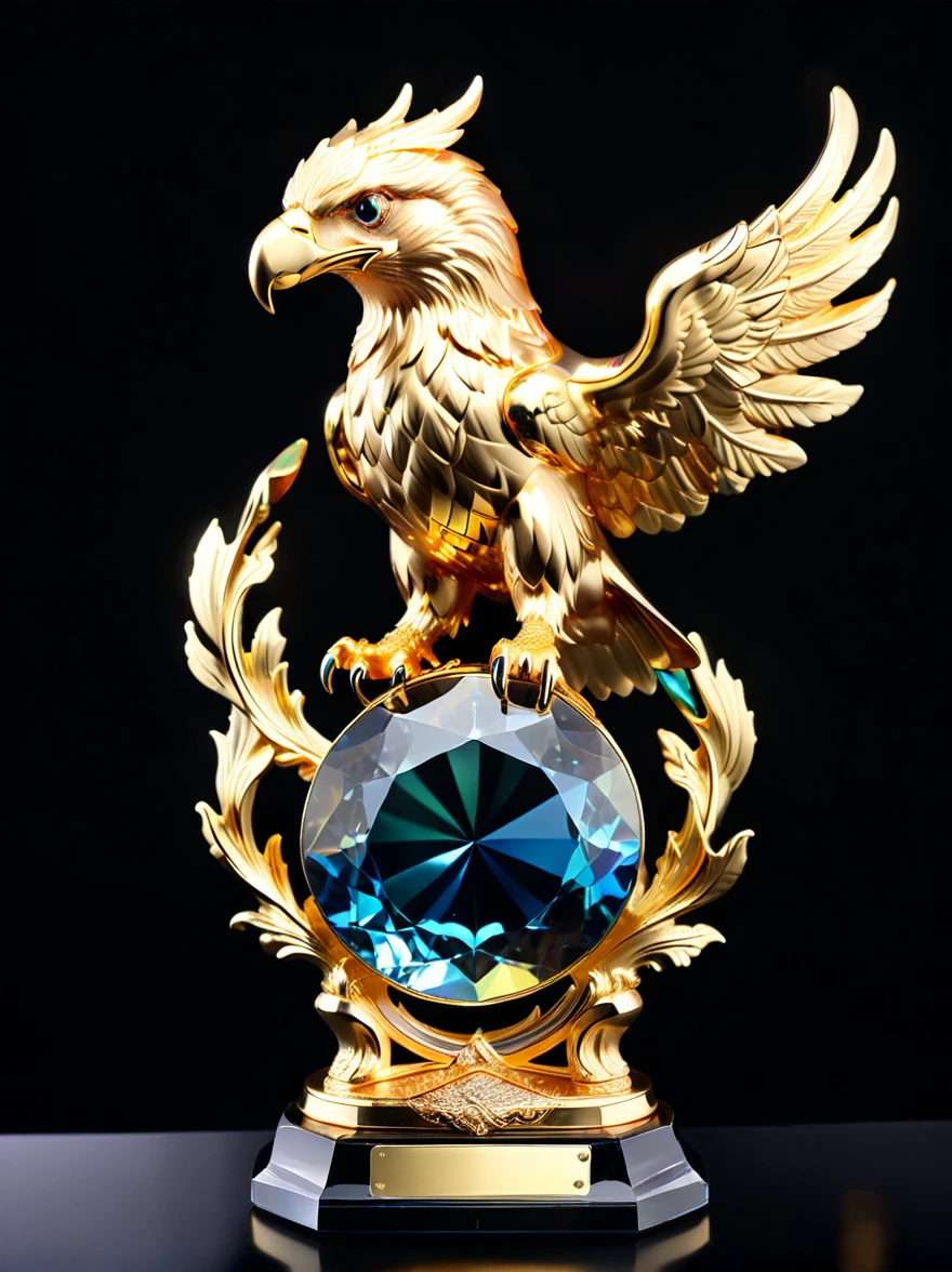 best quality, very good, 16K, Golden trophies, Shiny gold plated, Twisted, Luxurious and cool eagle shape, Displayed on a rainbow crystal base, Background translucent black room, Light Up