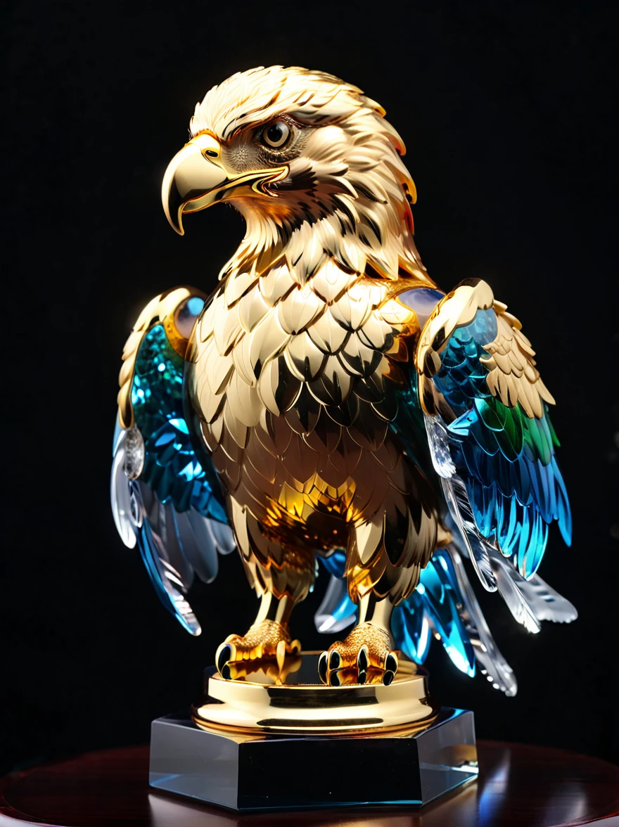 best quality, very good, 16K, Golden trophies, Shiny gold plated, Twisted, Luxurious and cool eagle shape, Displayed on a rainbow crystal base, Background translucent black room, Light Up