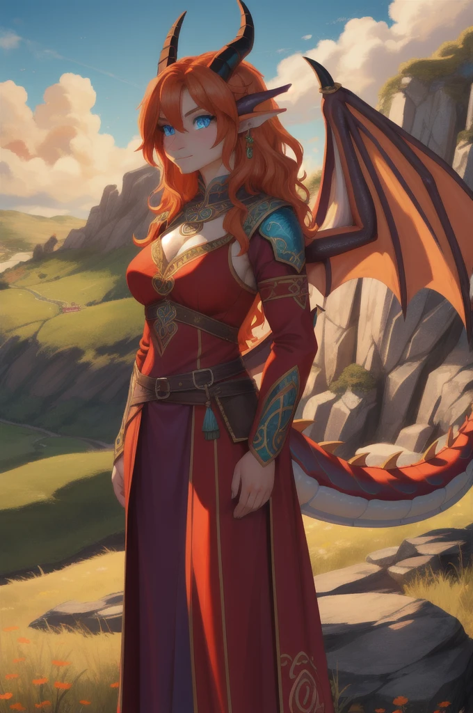 beautiful Celtic dragon girl, long wavy bright orange hair, bright blue eyes, looking at viewer, shapely body, skinny body, healthy body, red warrior outfit, ornate purple and yellow designs on her dress, dragon wings, dragon horns, on a hillside, high quality digital art