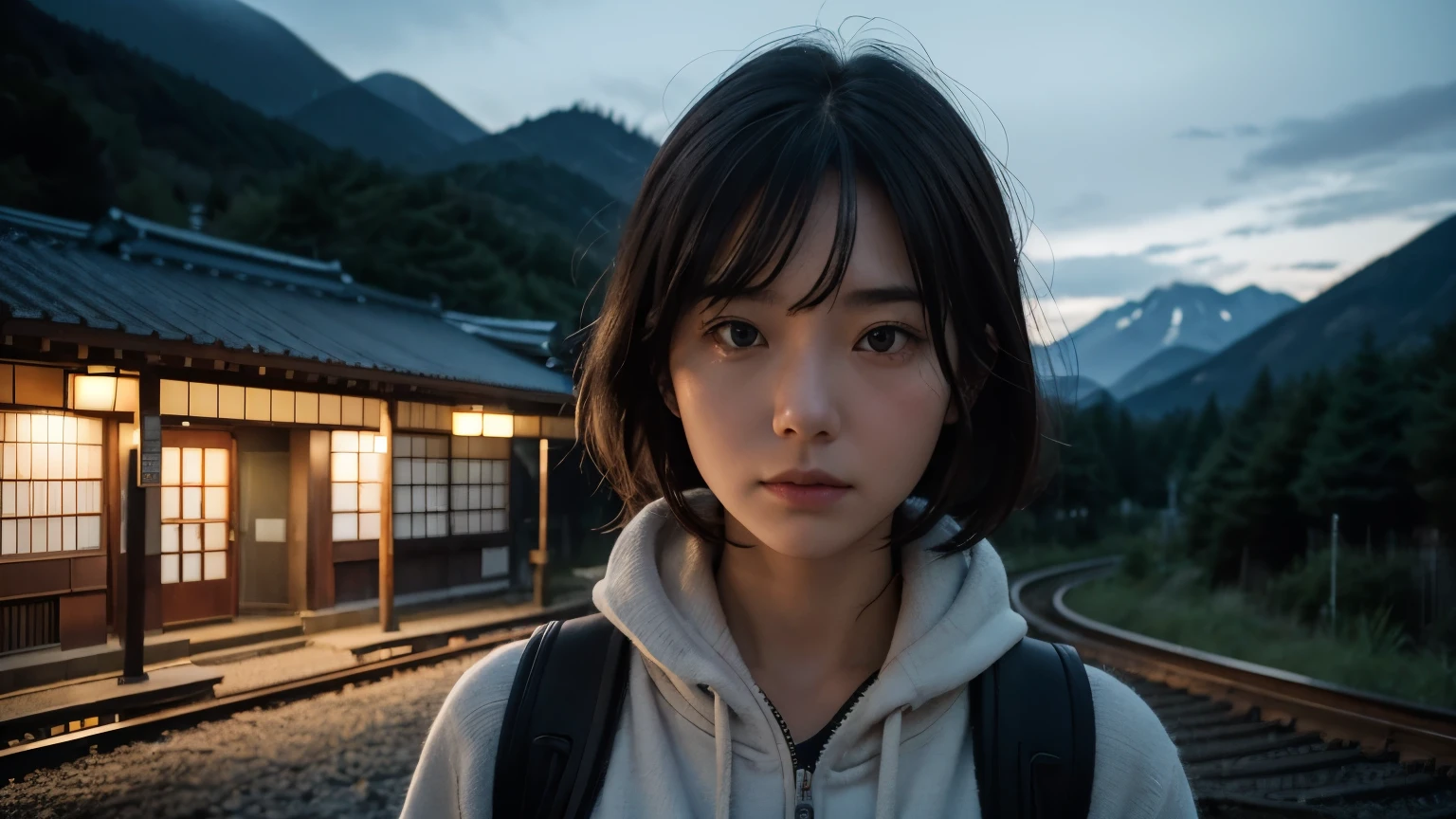 AUpper body close-up image. beautiful woman looks at the camera with a frightened expression. She is standing alone at an empty station. It was late at night and mountains and trees could be seen all around.This is a rural station in Japan, surrounded by thickets of trees.