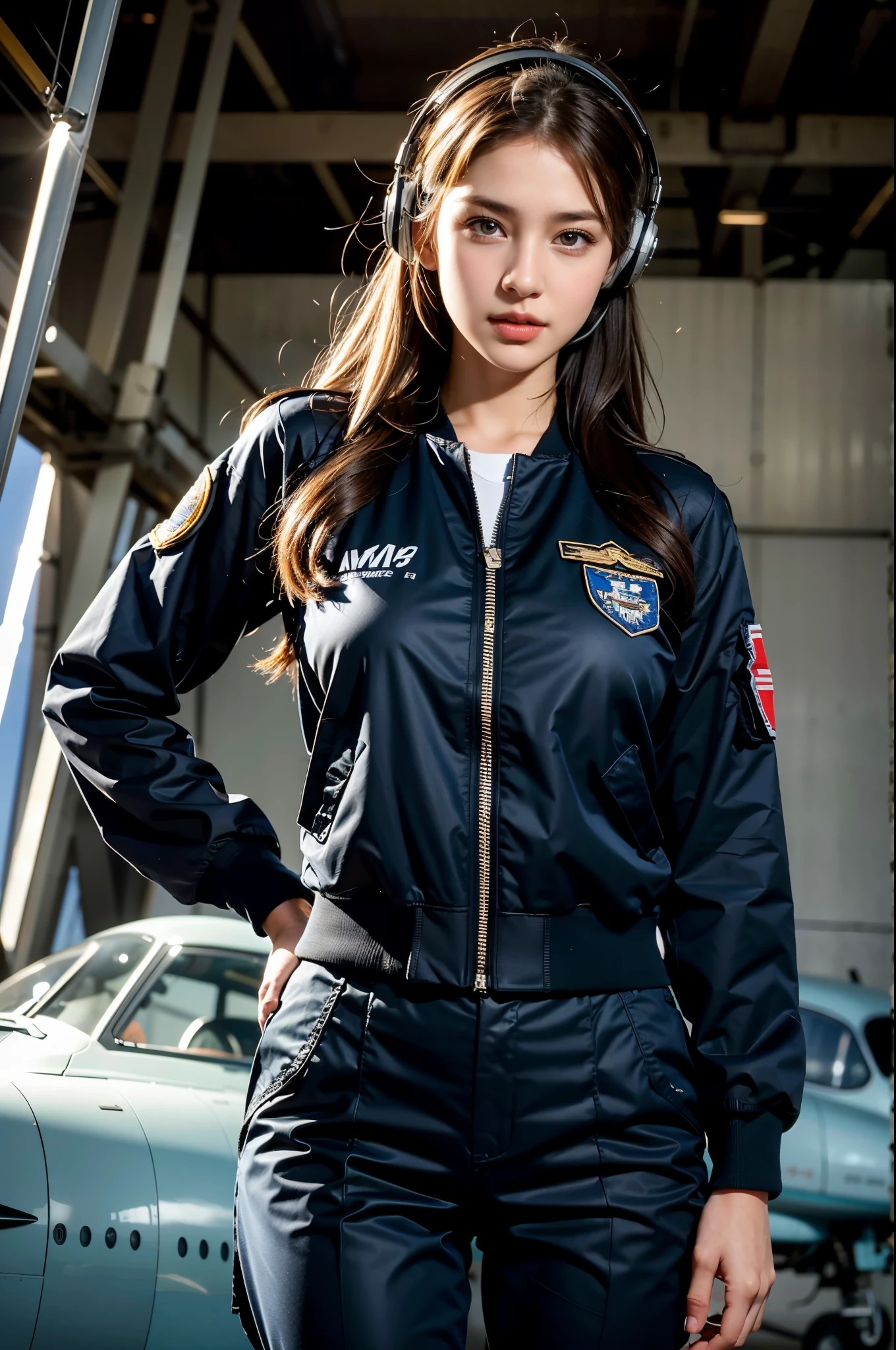 Best quality, ((insanely Realistic RAW photo)), professional photograph, intricate composition, an extremely delicate and beautiful, ultra high res, professional lighting and shading, ((Realistic image of a extremely pretty female Aircraft mechanic, solo)), Inside a spacious Aircraft hangar, Vintage airplanes of the World War II era line the background, (Wearing a MA-1 Flight Jacket), (Wearing a headset), (wearing short pants), parted lips, She does aircraft maintenance, very professional mechanic, ((extremely beautifully detailed eyes and face)), ((insanely beautiful natural skin texture, Accurate eyes)), Accurate hands, Well-balanced overall body