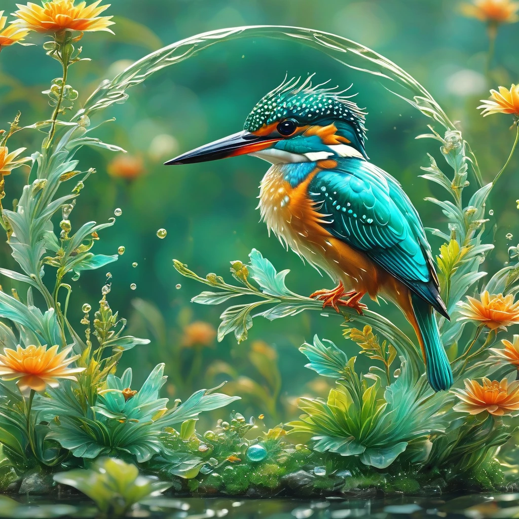 best quality, very good, 16K, ridiculous, Extremely detailed, Gorgeous transparent kingfisher， Background grassland（（A masterpiece full of fantasy elements）））， （（best quality））， （（Intricate details））（8k）