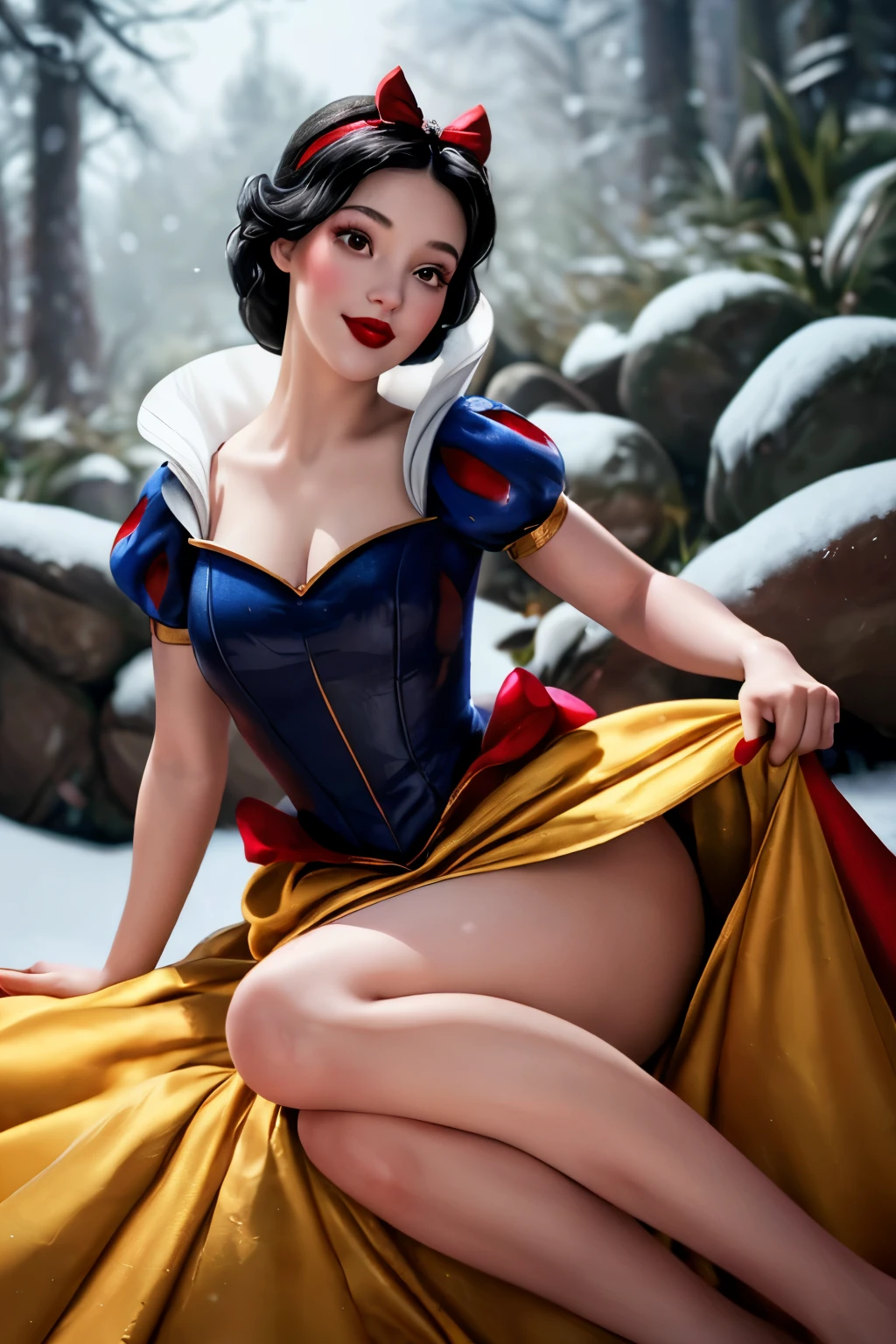 snow white,
(highest quality, masterpiece, RAW Photos,Very detailed:1.2), One girl,alone,View your viewers, smile, Black Hair, dress, bow, Brown eyes, hair bow, hair band, Puffy sleeves, sign, red bow, eyelash, compensate, blue dress, lipstick, red hair band, Red lips