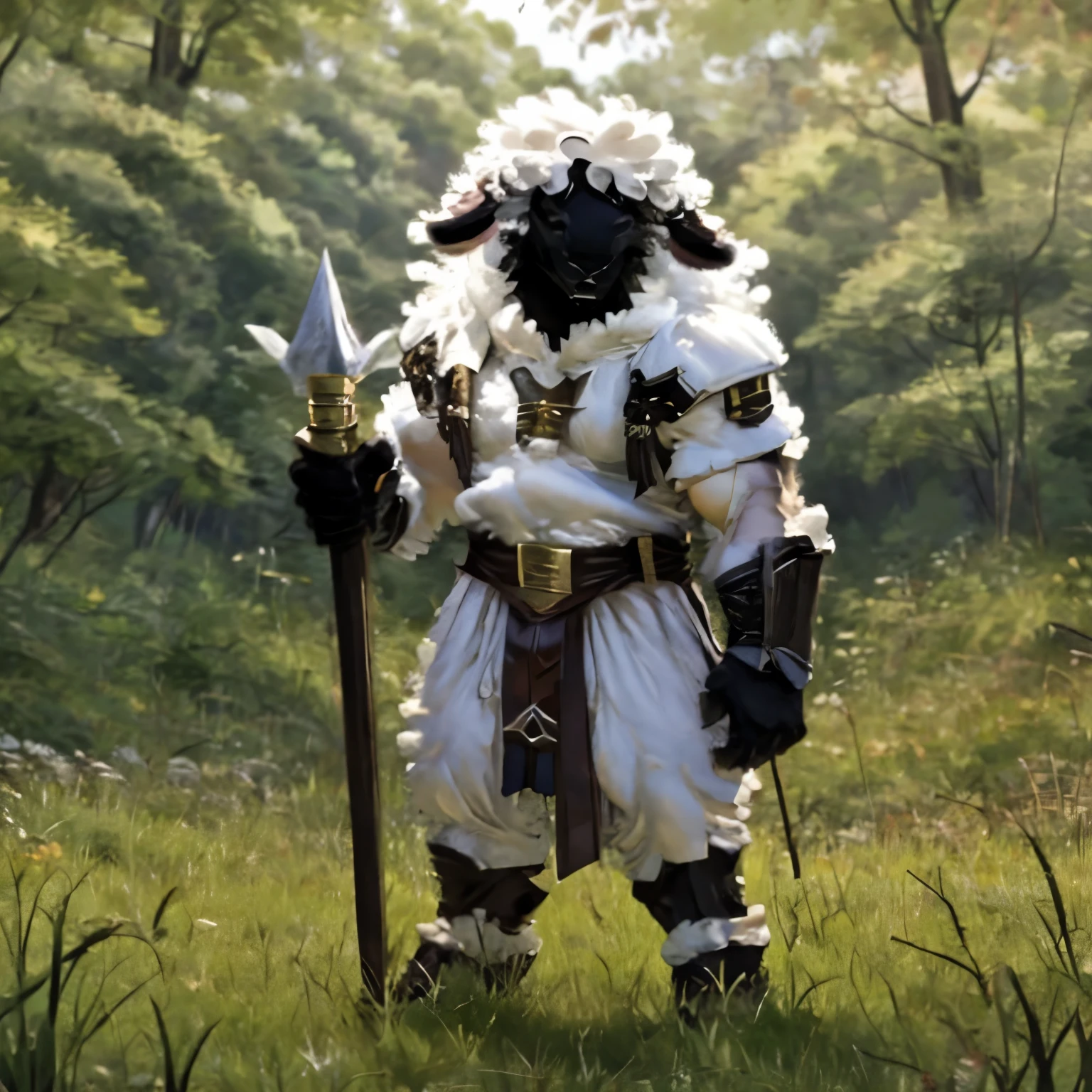 A man with a sheep's head, covered in wool, holding a mace, standing in a forest poised to strike