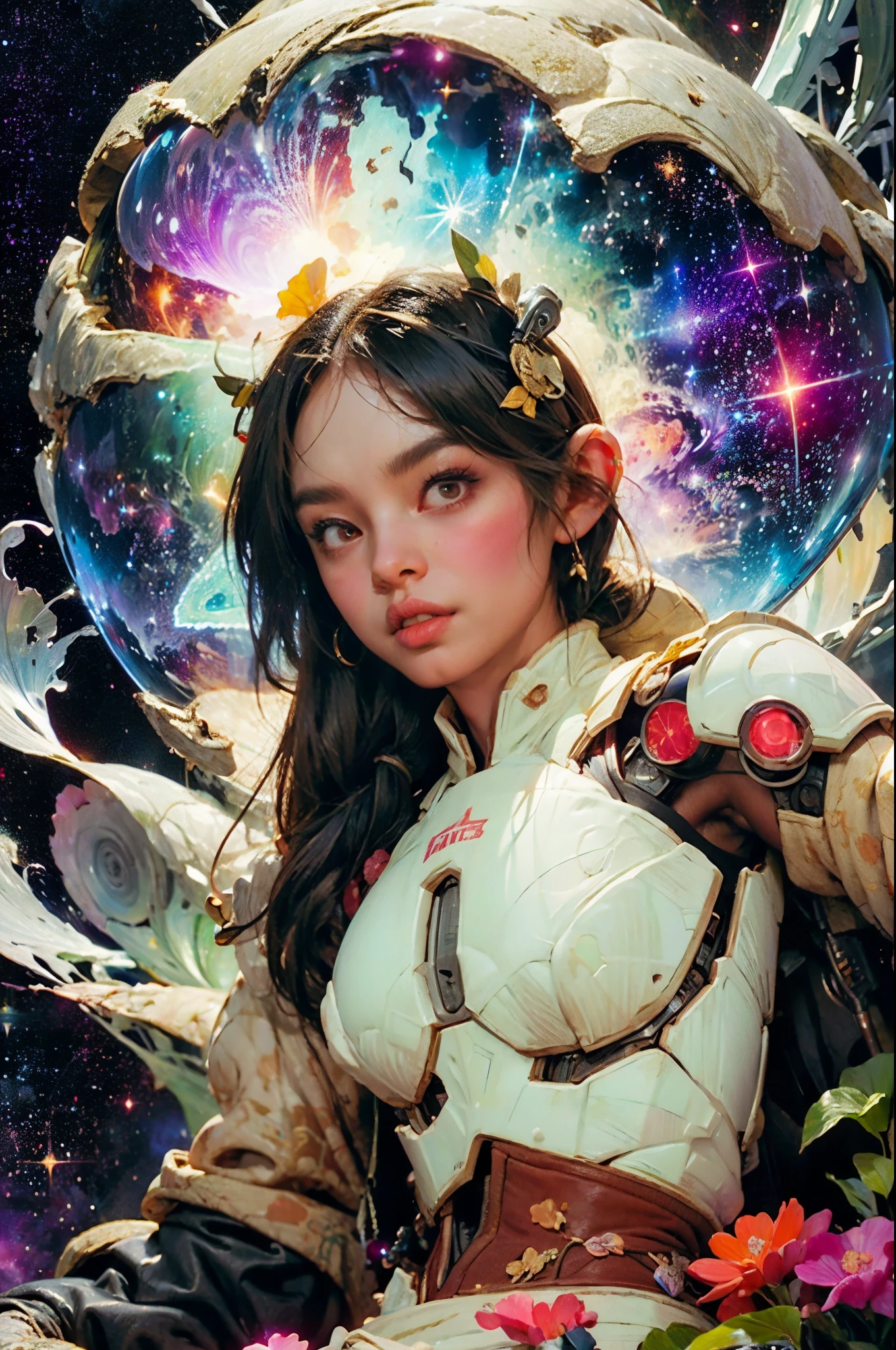 there is a screenshot of a woman in a space suit, cosmic girl, event, cosmic entity, incrinate content details, endless cosmos in the background, historical event, real event, astral background, cosmic background, cosmic goddess, cyborg goddess in cosmos, celestial cosmos, game interface, violet battlefield theme, cosmic style, hyperdetailed content, background details