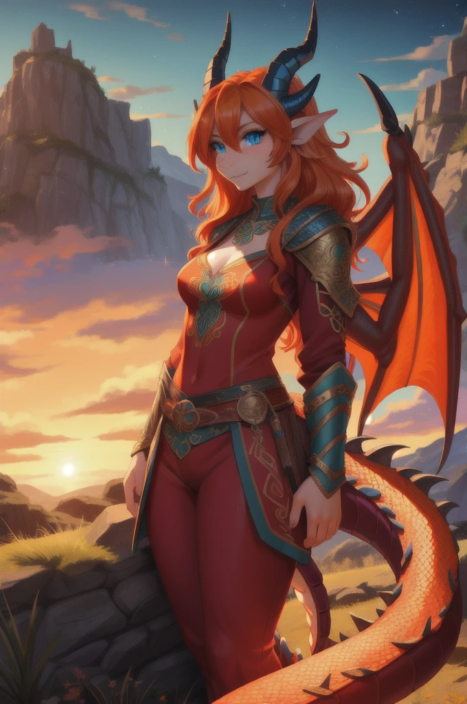beautiful Celtic dragon girl, attractive, long wavy bright orange hair, sparkling bright blue eyes, shapely body, skinny body, healthy body, red warrior outfit, tight yellow shorts, dragon wings, dragon horns, on a hillside, high quality digital art