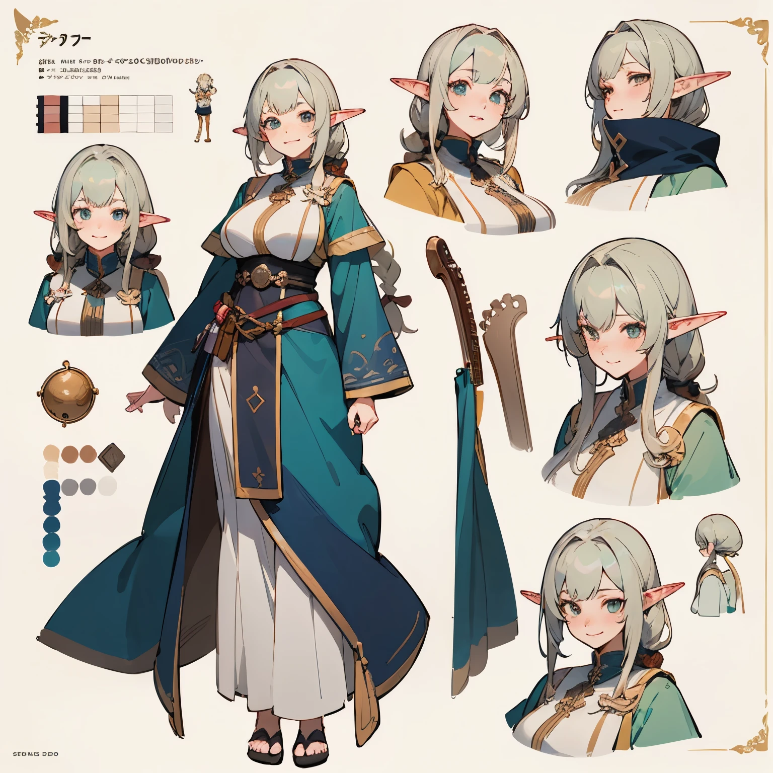 anime - style image of a character with a variety of hair and accessories, anime set style, anime character reference sheet, fantasy uniform, flat anime style, anime full body illustration, full_body!!, complete detailed body, extra detailed body, anime vtuber full body model, soft anime illustration, anime style character, clean detailed anime style, dungeons and dragons, bard, grinning, happy, detailed hairstyle, long hair, braid, natural colored hair, elf, bard,, fantasy Arabian outfit, instrument, female, girl, mature, large breasts, 