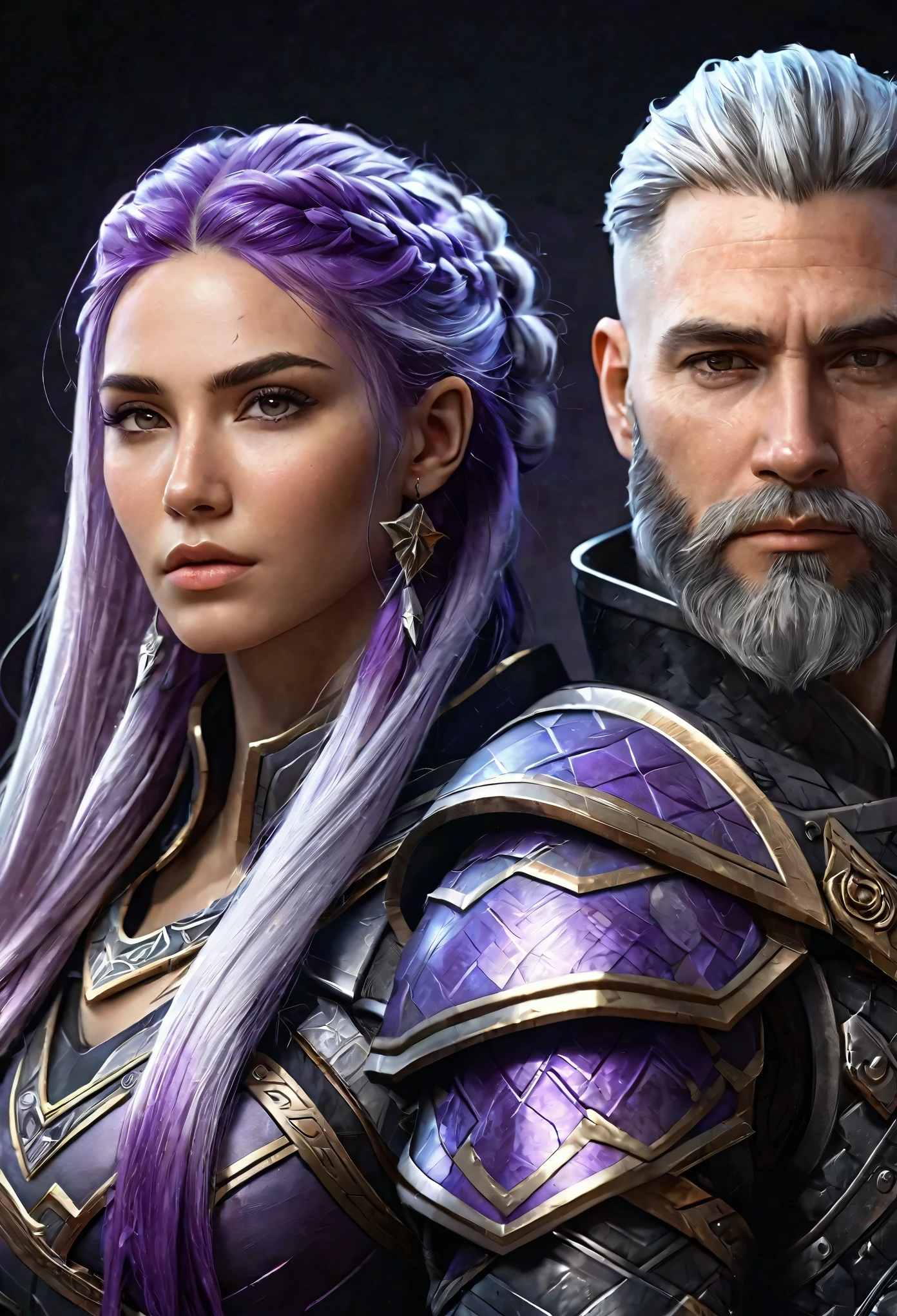 a close up of a person with a beard and a cryptic woman with very long white purple gradient hair in braid, unreal 5. woman is indifferent,kind, man has scar on face, both wearing detailed armor, sci-fi Cryptic Star,, rpg portrait, epic fantasy art style hd, medieval fantasy game art, fantasy game art, 8k high quality detailed art, cover game art, epic fantasy digital art style, artgerm ; 3d unreal engine, 4 k detail fantasy, epic fantasy art style, (best quality,4k,8k,highres,masterpiece:1.2),ultra-detailed,(realistic,photorealistic,photo-realistic:1.37), (full body shot:1.2), Cinematic Hollywood Film style