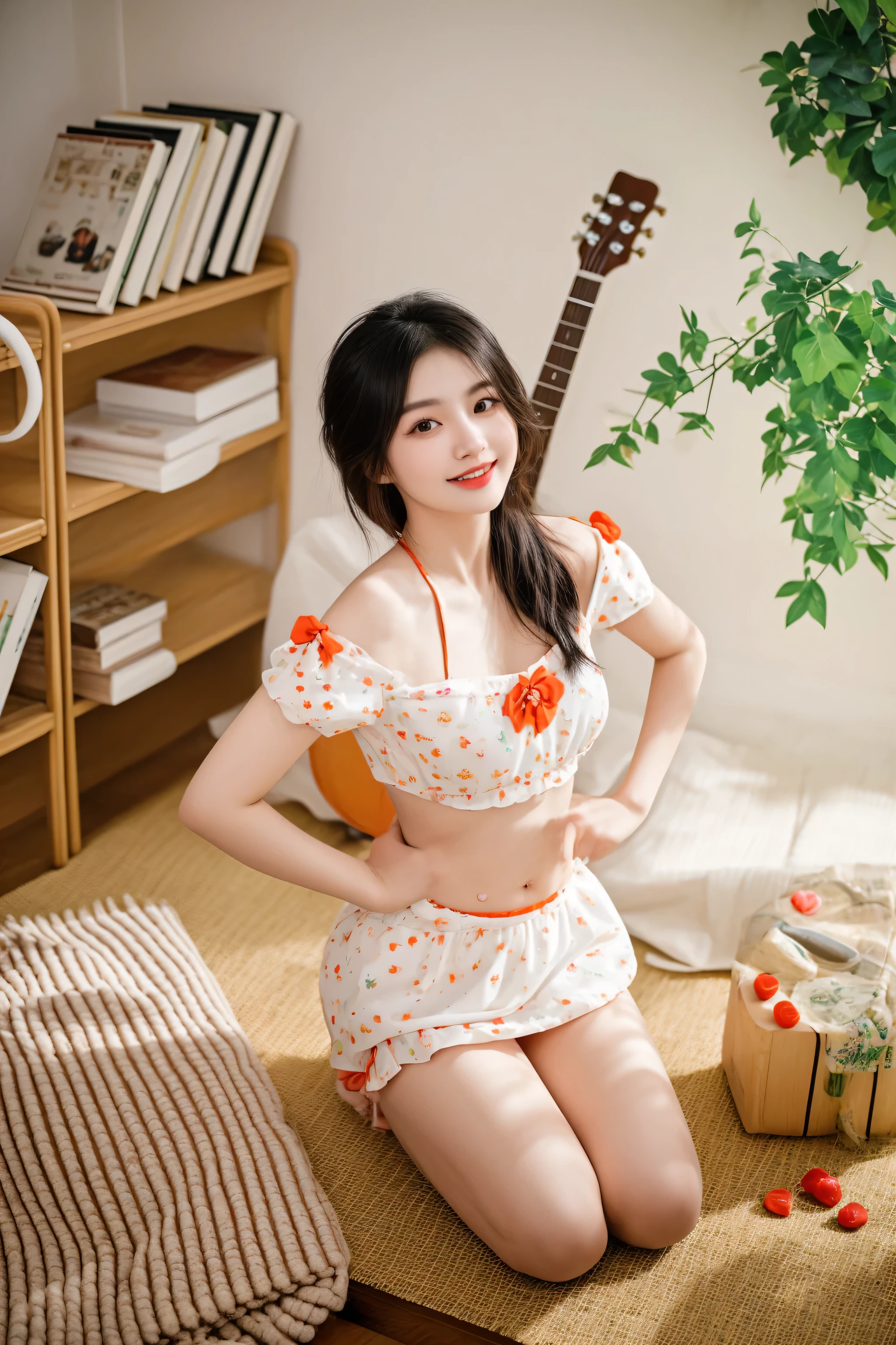 Highest quality,8k,High definition,Cute like a little sister,18-year-old,With bangs,,Smile,Brown Hair,Inward-curling long hair,(Small breasts:1.3),Polka dot camisole,Ass