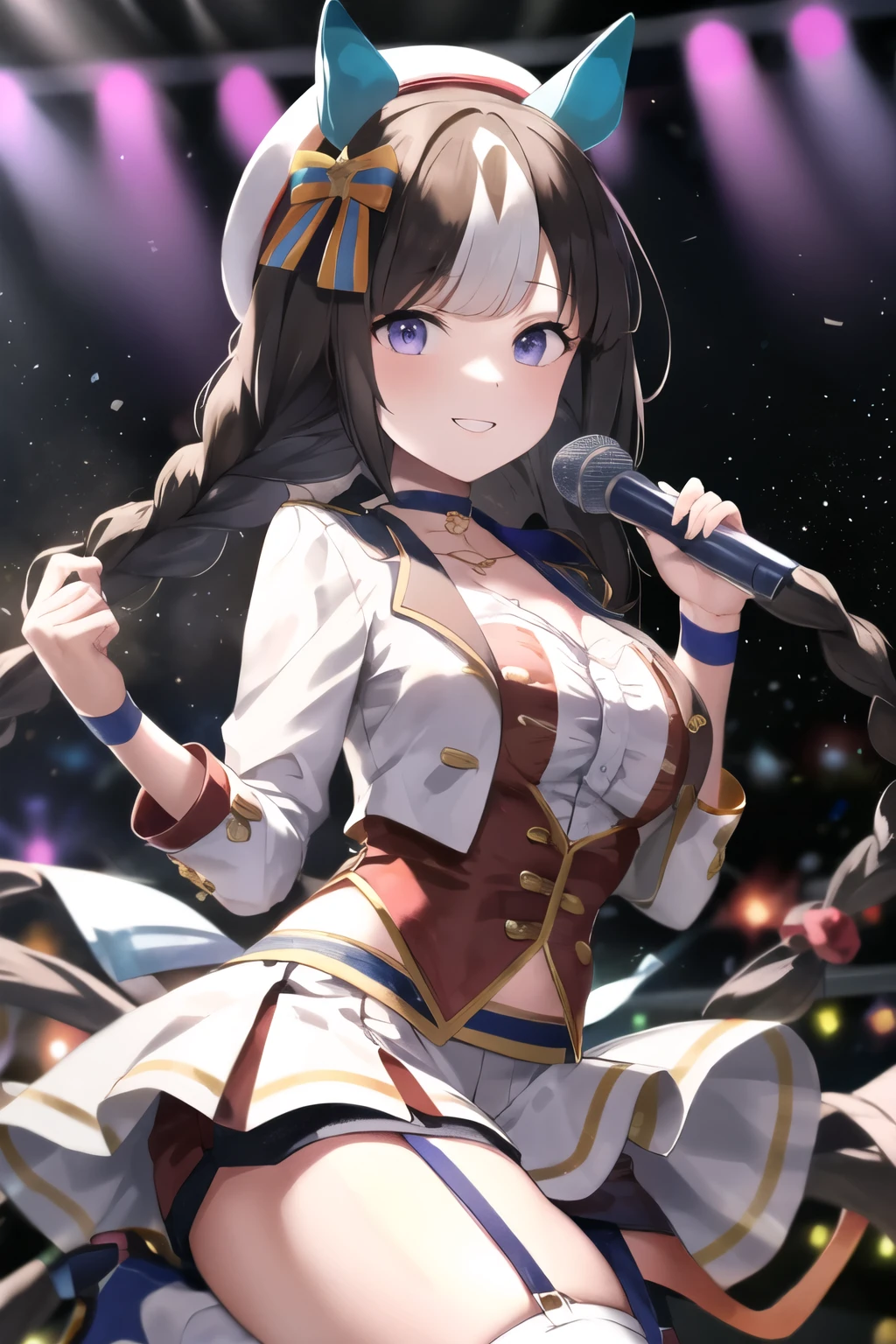 highest quality,masterpiece, High resolution,original, Beautiful fine details,Very detailed, Satono Diamond \(umamusume\), One girl, alone, (The beginning of the future), choker, Red shorts, Short shorts, Long sleeve, Purple knee socks, White jacket, Best, Garter Straps, boots, White footwear, Wristband,shirt,White Skirt, Overskirt, High heels, View your viewers,  smile, stage, stage Lights, spot Light, Light
 