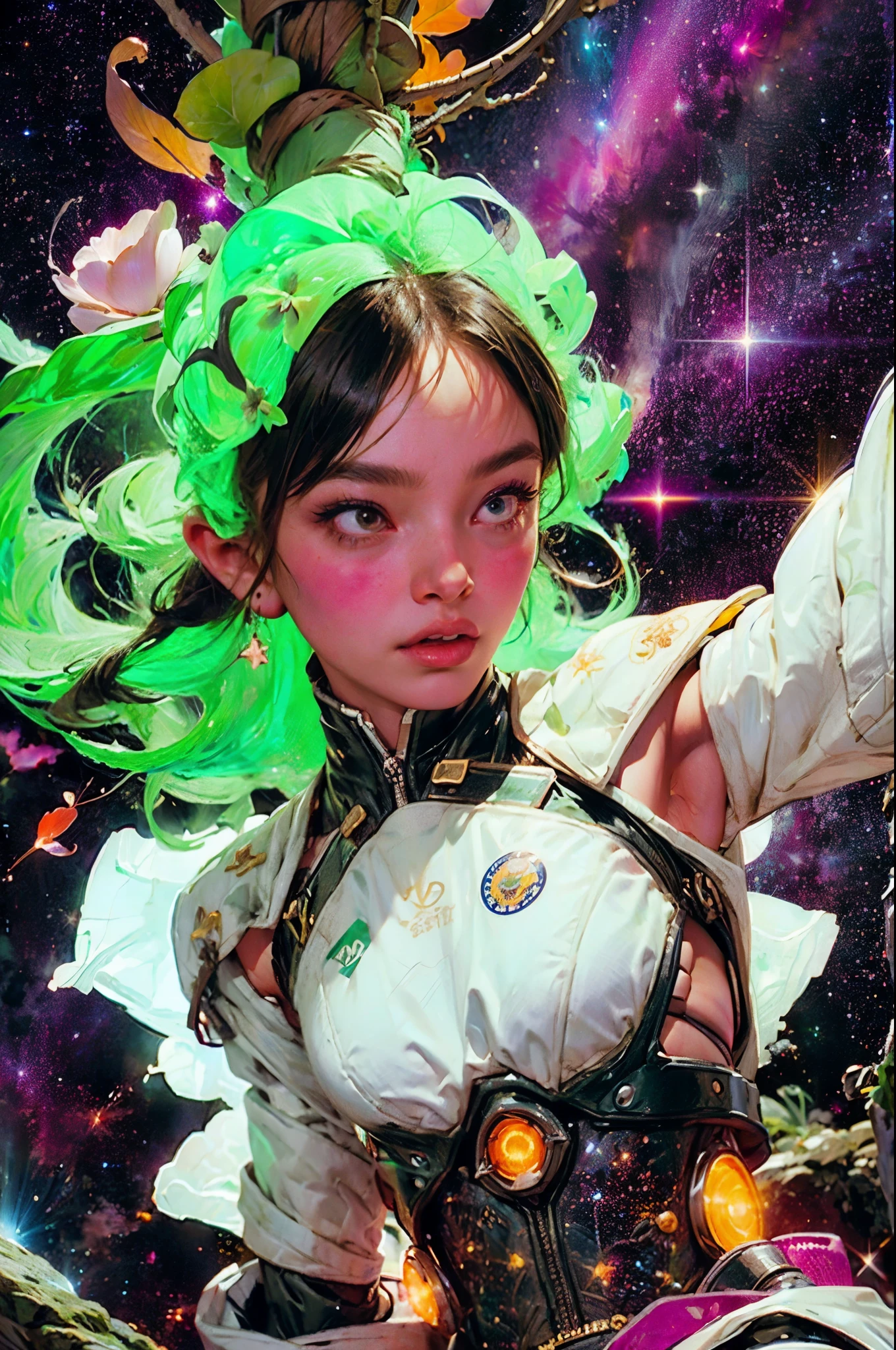 there is a screenshot of a woman in a space suit, cosmic girl, event, cosmic entity, incrinate content details, endless cosmos in the background, historical event, real event, astral background, cosmic background, cosmic goddess, cyborg goddess in cosmos, celestial cosmos, game interface, violet battlefield theme, cosmic style, hyperdetailed content, background details