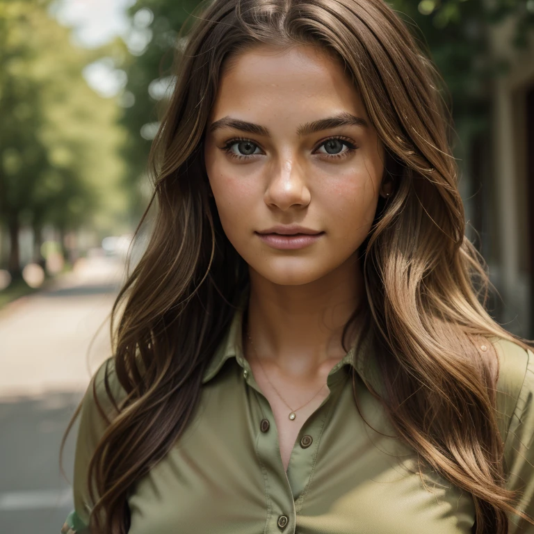 jp_style person, portrait of the beautiful age model, wavy brown hair with blonde highlights, deep green eyes, very tanned textured skin, puffed sleeved shirt, (8k, RAW photo, best quality, masterpiece: 1.2), (realistic, photorealistic: 1.37), ultra detailed, (high detail skin: 1.2), 8k uhd, DSLR, soft lighting, high quality, film grain, Fujifilm XT3, Professional lighting