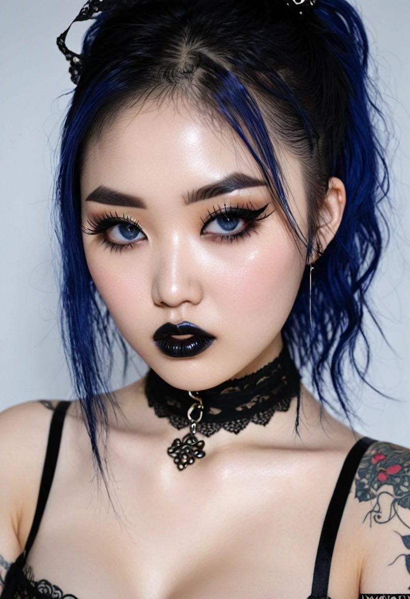 Create a photo realistic hyper realistic heavily tattooed young adorable Korean goth girl, beautiful perfect face, vibrant sapphire eyes, thin curved black eyebrows, long luscious eyelashes, black eyeliner, black eye shadow, puckered curved lips, thick black lipstick, long goth hair, black lace choker collar, voluptuous curved body, black lingerie, black thong,