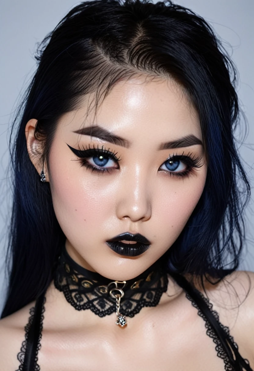 Create a photo realistic hyper realistic heavily tattooed young adorable Korean goth girl, beautiful perfect face, vibrant sapphire eyes, thin curved black eyebrows, long luscious eyelashes, black eyeliner, black eye shadow, puckered curved lips, thick black lipstick, long goth hair, black lace choker collar, voluptuous curved body, black lingerie, black thong,