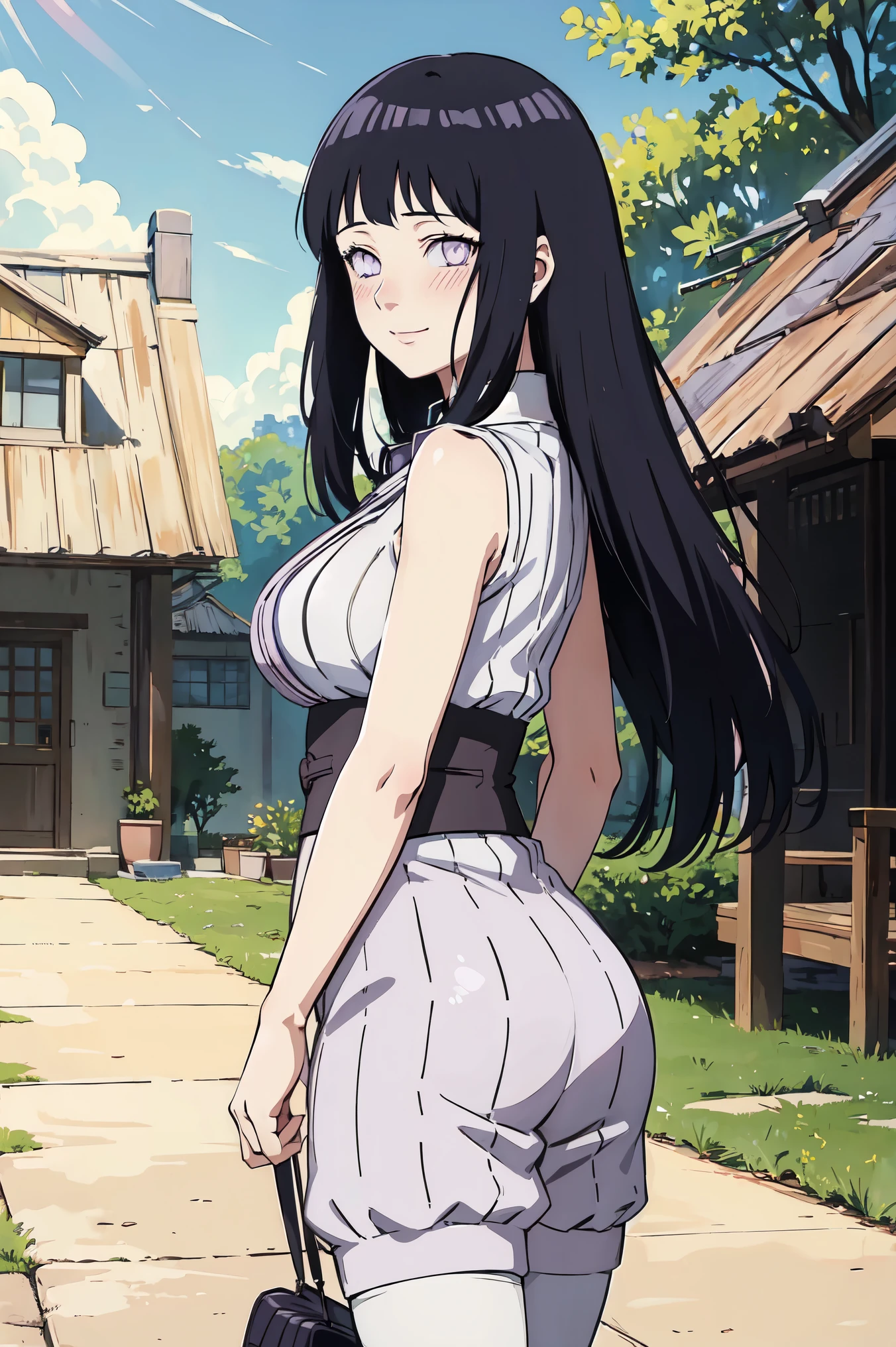 (((masterpiece))), HinataHyuga, blush, smile, 1girl, solo, long hair, looking at viewer, large breasts, black hair, purple eyes, outdoors, sky, sleeveless, looking back, blunt bangs, white eyes,  Northern Europe, sexy butt