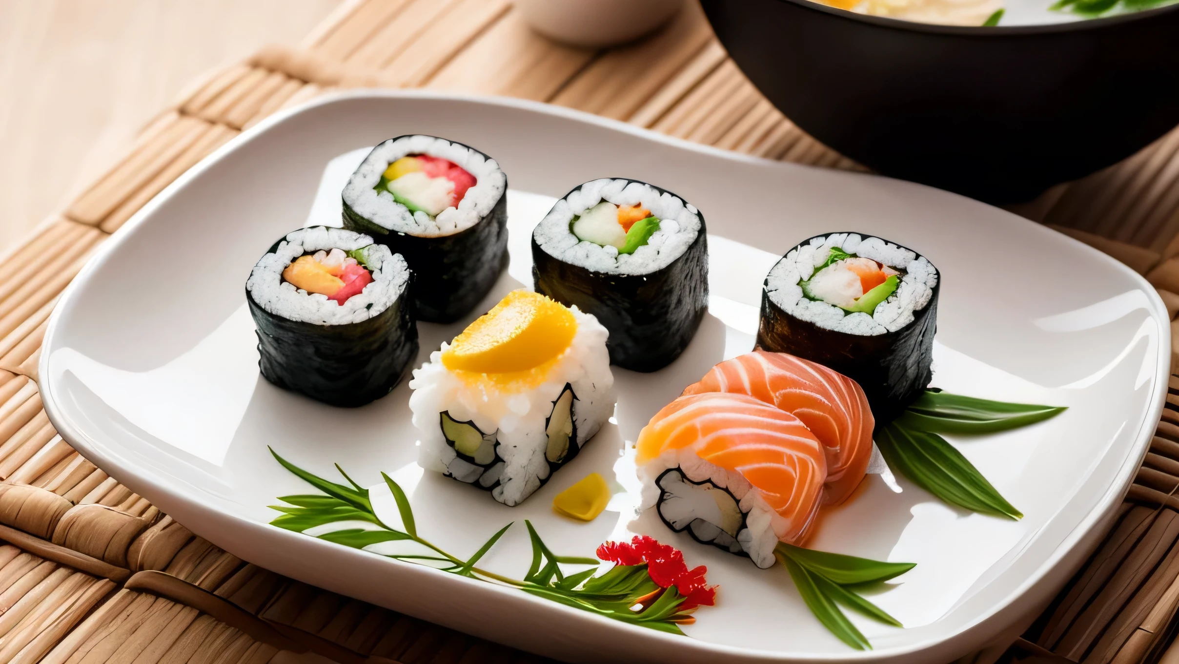 "Captures a photorealistic image of a gourmet plate of sushi presented in an artistic and elegant way, ideal for commercial stock photography. El plato debe estar compuesto por una variedad de sushi, incluyendo nigiri, maki y sashimi, con colores vibrantes y texturas detalladas. The sushi must be carefully arranged on a high-end ceramic plate, with a minimalist and elegant design.

Los detalles son cruciales: make sure to show the freshness of the fish, el brillo del arroz perfectamente cocido, y las decoraciones de alta cocina, como flores comestibles, thin slices of lemon and a touch of caviar. The accompanying utensils, such as premium quality bamboo chopsticks and a small bowl of soy sauce with a splash of wasabi, must be present in the composition.

Lighting should be natural but well controlled, destacando las texturas y los colores del sushi, sin sombras duras. The depth of field must be adjusted so that the sushi plate is in sharp focus, while the background is softly out of focus, creating artistic bokeh that further highlights the main course.

Use high-resolution cameras such as the Canon EOS R5 or the Sony A7R IV, equipadas con lentes de alta calidad como el Canon RF 85mm f/1.2L o el Sony FE 90mm f/2.8 Macro G OSS, para capturar todos los detalles con una nitidez impecable y una rica gama de colores. Make sure the final image is high resolution, adecuada para impresiones grandes y usos comerciales."