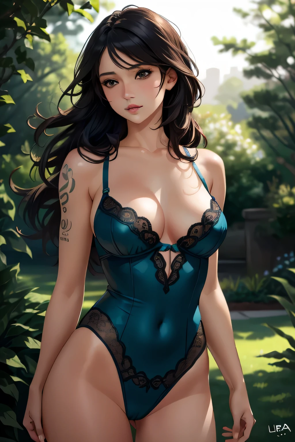 (best quality, ulra-detailed, realistic:1.37), suicidegirl, nsfw, garden, blue to green color transition, skin tight lingerie, seductive expression, tattoos, long flowing hair, natural sunlight, blurred background, sensual pose, subtle shadows, soft focus, provocative atmosphere, night time