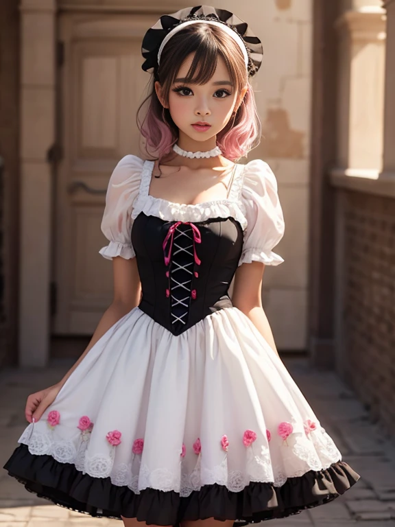 Linda lolita, super delicate with a lolita dress , vestido corto ajustado al cuerpo con cabello rosado. Calidad de imagen ultra alta de 8K, textura delicada, detalles ultrafinos fondo blanco puro.