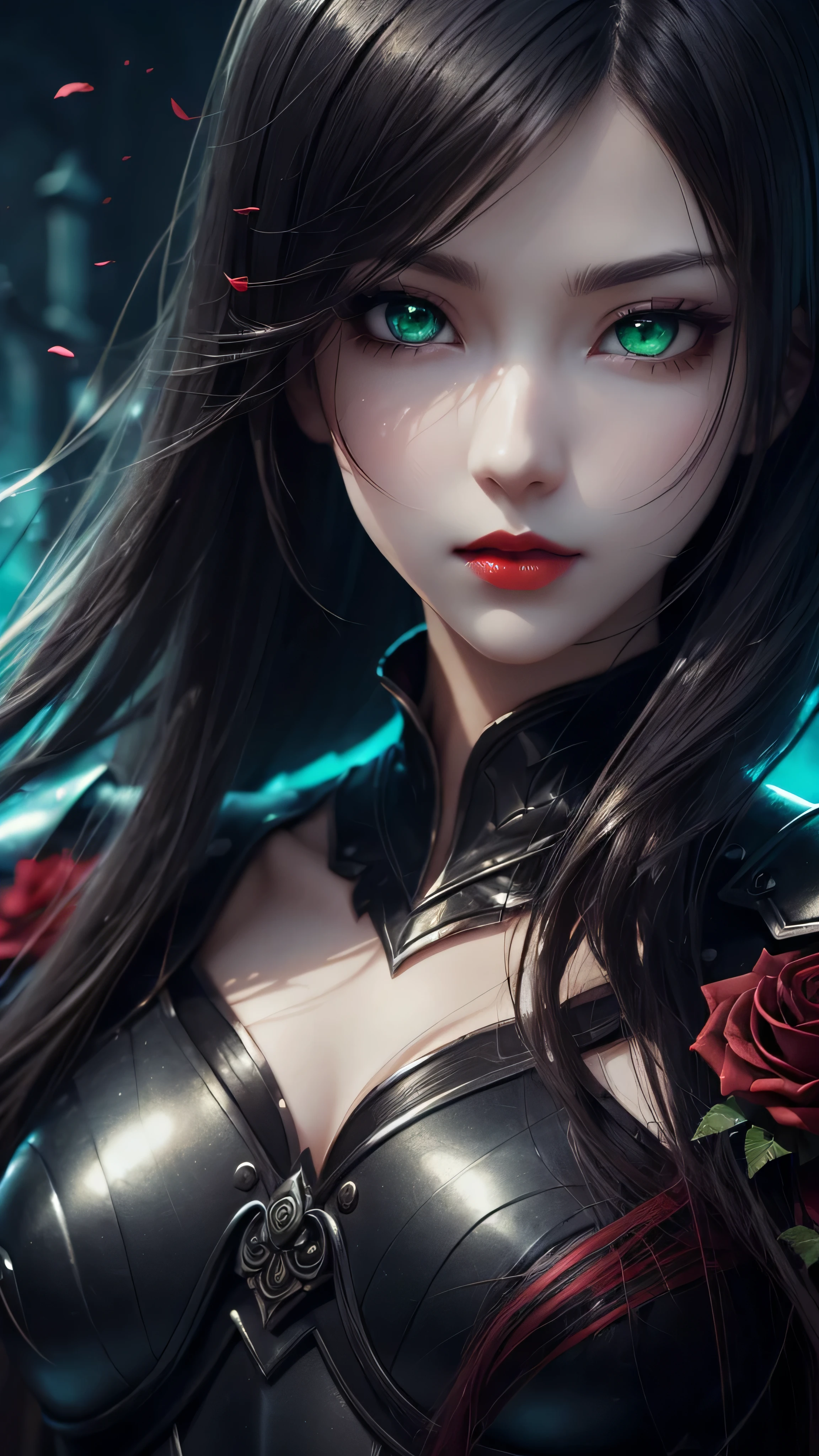 On the graveyard full of black rose bushes stand female death knigth, she dressed in sexy black obsidian plate armor, she have pale skin long ash hair beatiful face with green eyes and bloody red lips, (ultra high quality anime fantasy art, dafk fantasy style, masterpiece, ultra highquality character design, 8k quality anime art, realistic anime art, top quality wallpaper illustration, detailed ultra high quality acurate face, highquality design and acurate physic)