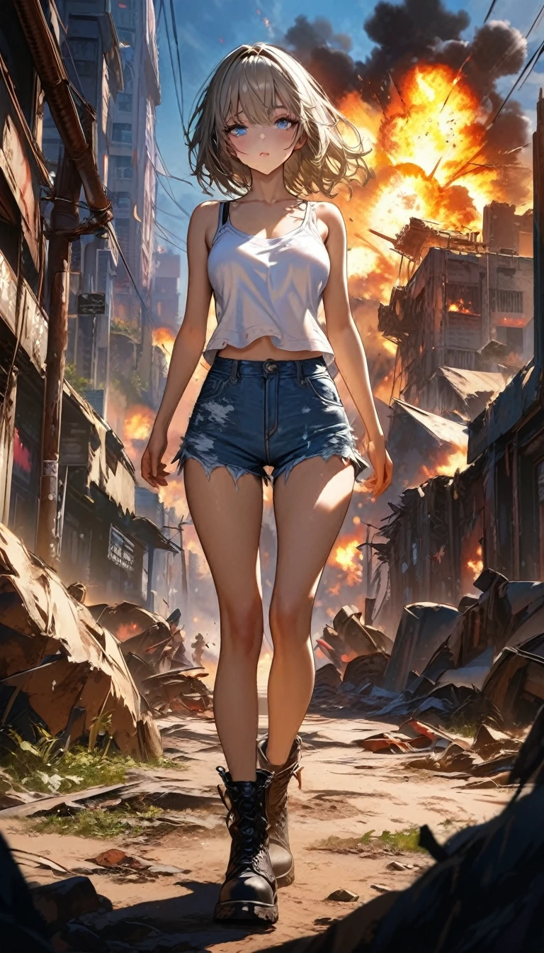 1 girl, ((super detailed, high resolution, super detailed, top quality, amazing, top quality, highly detailed CG Unity 8k wallpaper, cinematic lighting)), pov, (full body), A pretty girl is on the battlefield where the survival of humanity depends on it. She is wearing a white tank top and denim hot pants. Her eyes are red. She is in a dynamic battle. There are explosion marks all around her, cool and stylish.