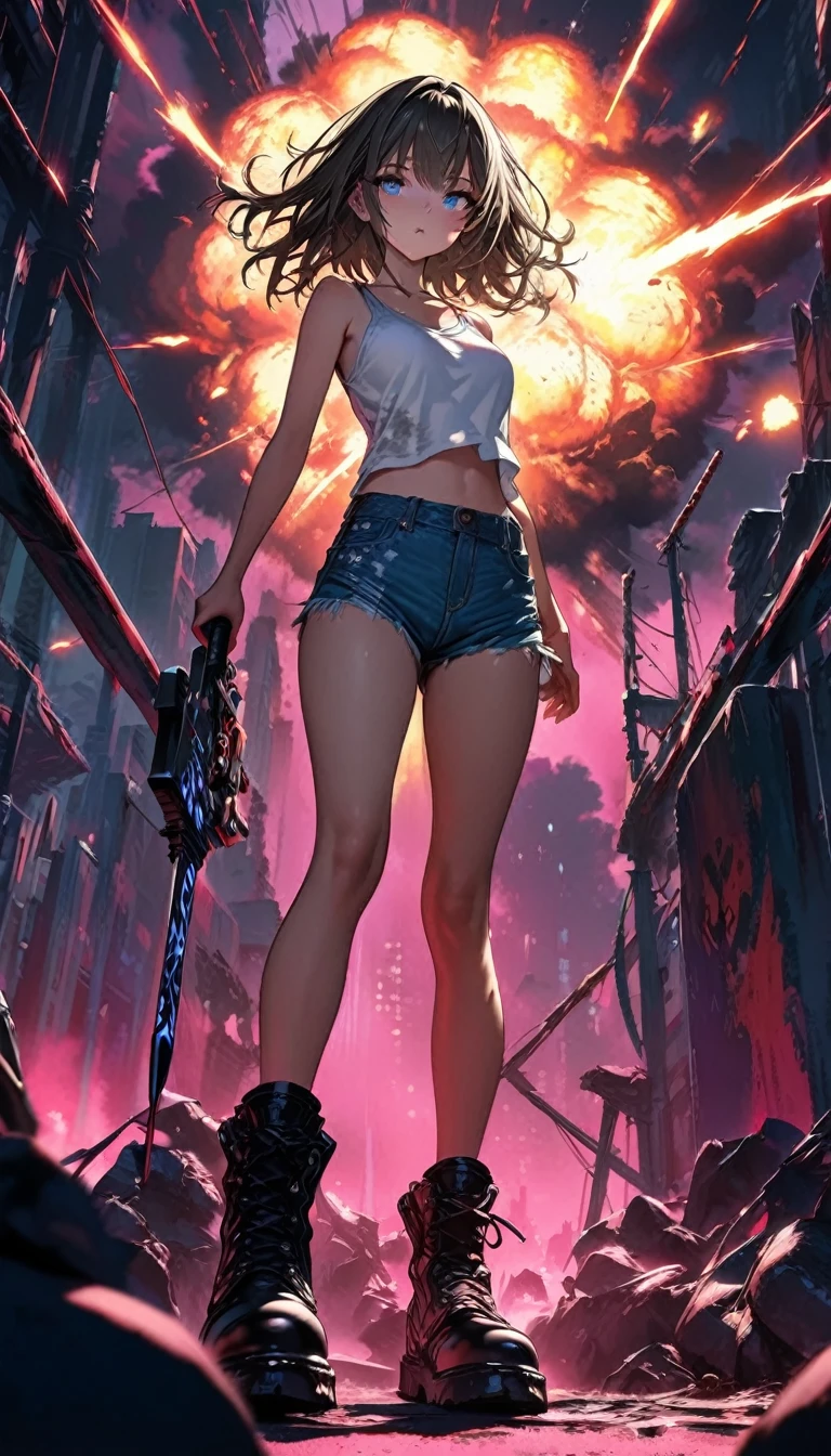 1 girl, ((super detailed, high resolution, super detailed, top quality, amazing, top quality, highly detailed CG Unity 8k wallpaper, cinematic lighting)), pov, (full body), A pretty girl is on the battlefield where the survival of humanity depends on it. She is wearing a white tank top and denim hot pants. Her eyes are red. She is in a dynamic battle. There are explosion marks all around her, cool and stylish.