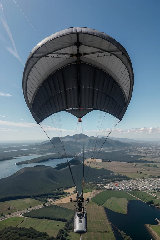 "Design an autonomous paramotor with a lightweight carbon fiber structure. The paraglider wing is large and curved, made of resistant material and with support lines connected to the main body. The engine is mounted at the rear with a large propeller. There is a centralized tank below the structure, with spray nozzles distributed along the wings. Include visible GPS sensors and gyroscopes, e um controlador de voo posicionado na parte central do paramotor. Add details of a communication system and LED indicators for flight status."