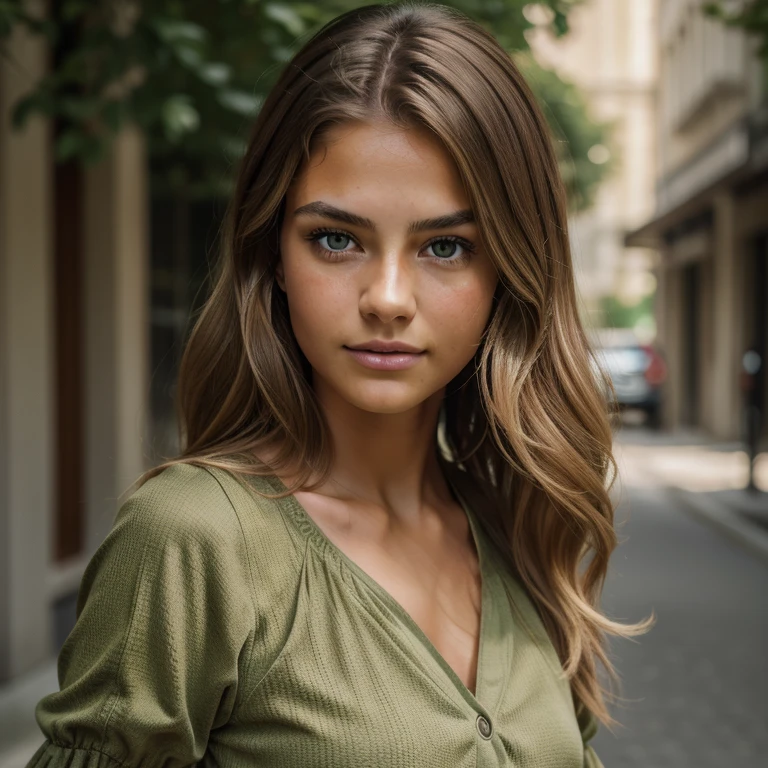 p_style person, portrait of the beautiful teenage model, wavy brown hair with blonde highlights, deep green eyes, very tanned textured skin, puffed sleeved shirt, (8k, RAW photo, best quality, masterpiece: 1.2), (realistic, photorealistic: 1.37), ultra detailed, (high detail skin: 1.2), 8k uhd, DSLR, soft lighting, high quality, film grain, Fujifilm XT3, Professional lighting, running