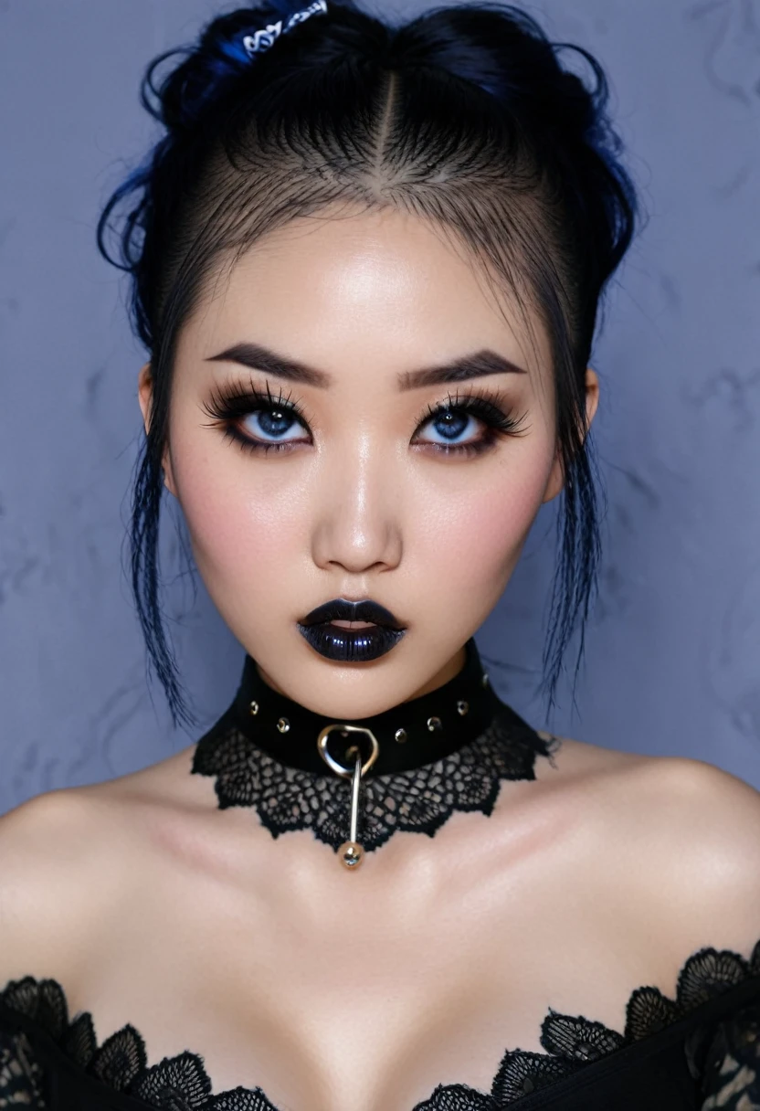 Create a photo realistic hyper realistic heavily tattooed young adorable Chinese goth girl, beautiful perfect face, vibrant sapphire eyes, thin curved black eyebrows, long luscious eyelashes, black eyeliner, black eye shadow, puckered curved lips, thick black lipstick, long goth hair, black lace choker collar, voluptuous curved body, black lingerie, black thong,
