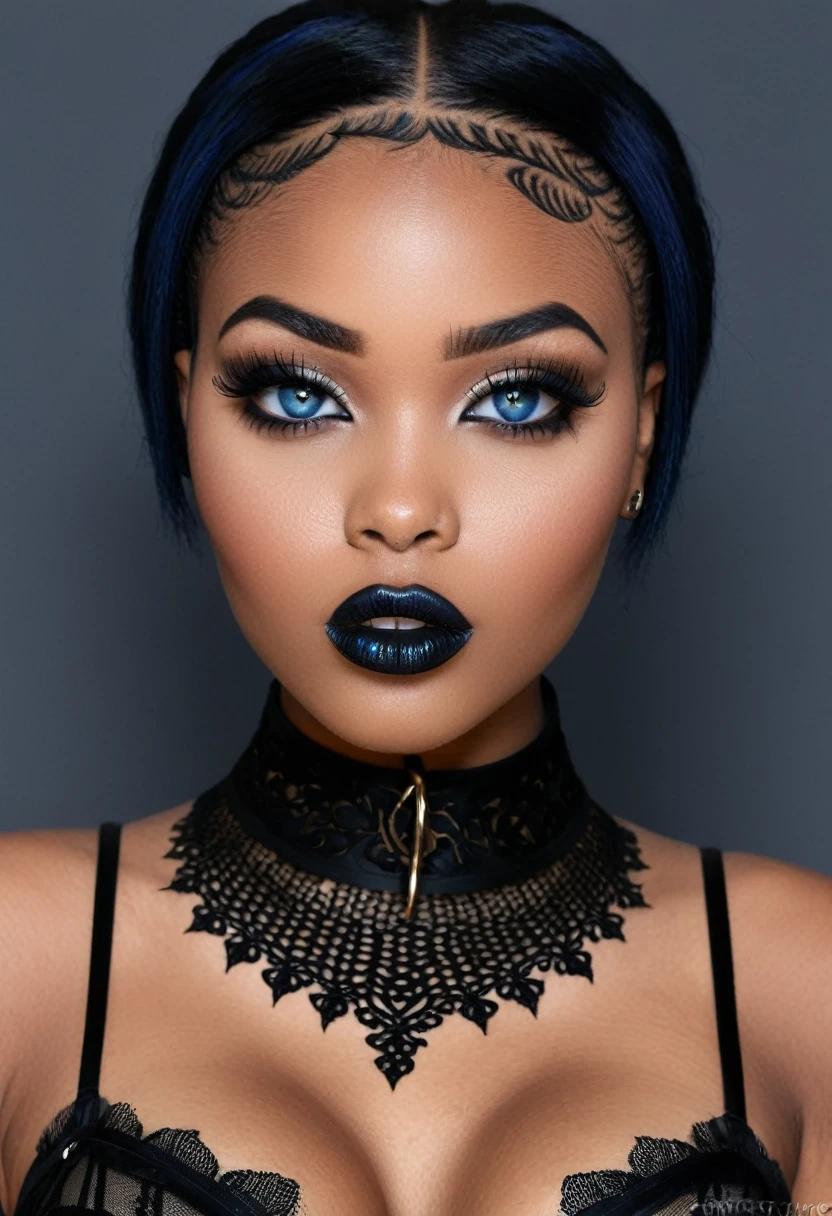 Create a photo realistic hyper realistic heavily tattooed young adorable African goth girl, beautiful perfect face, vibrant sapphire eyes, thin curved black eyebrows, long luscious eyelashes, black eyeliner, black eye shadow, puckered curved lips, thick black lipstick, long natural african hair, black lace choker collar, voluptuous curved body, black lingerie, black thong,