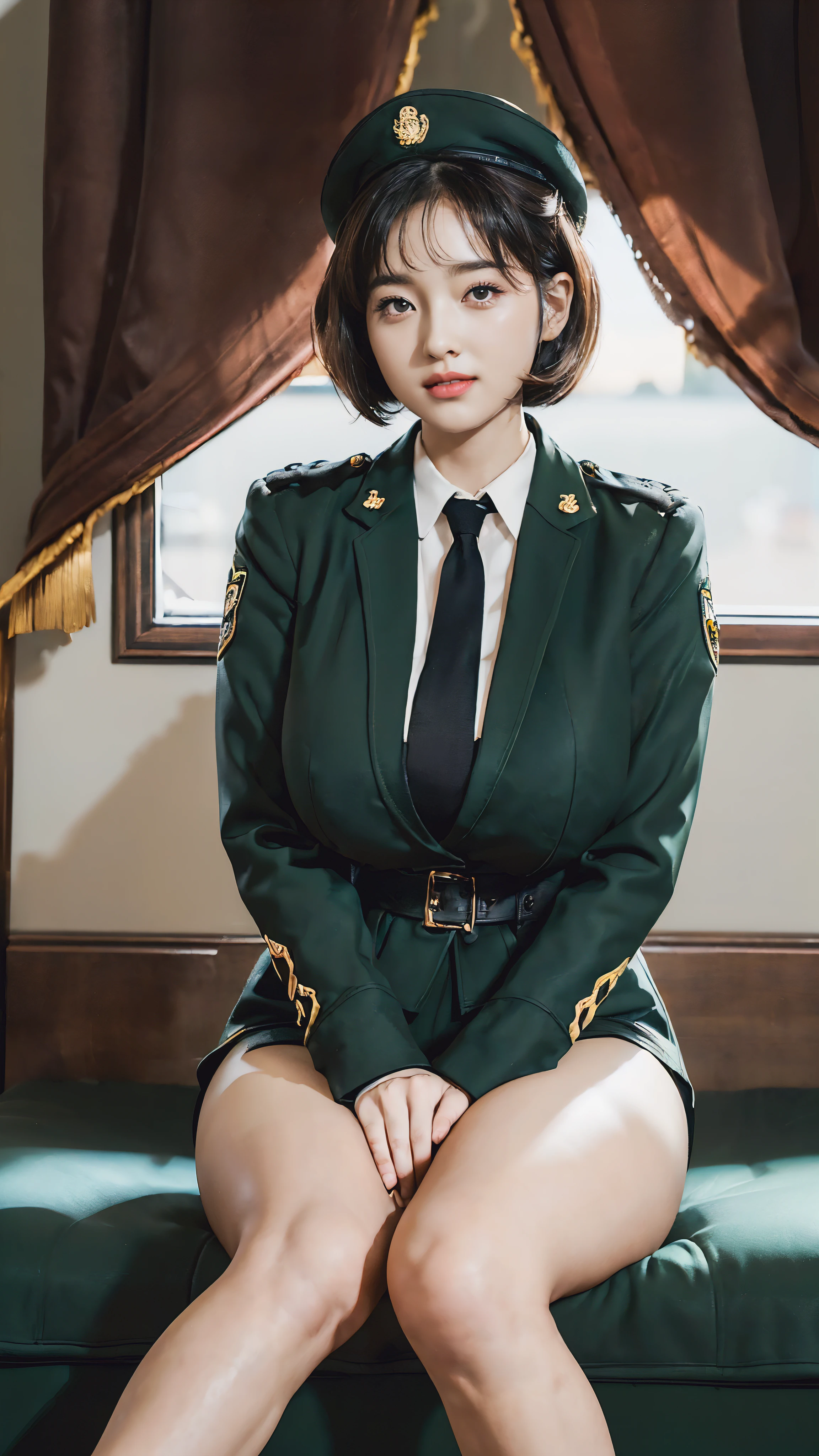 Usually detailed CG Unity 8K wallpaper，（tmasterpiece），（Best quality at best），（ultra - detailed），（ultra real photo），（best character detail：1.36），Nikon D750F / 1.4 55mm，RAW photos，profesional lighting， physically-based renderingt, 1 plump girl, girl soldier，(Dark green military uniform，Business suit，Fabric texture military uniform, perfect military composure)，(black necktie)，((white panty,))，bare-legged，Plump thighs,(military hat)，((Large wavy curls,curly hair, hair behind ear, (bob cut)):1.2)，the golden ratio,[:(Have a delicate face:1.2):0.2]:，PureErosFace_V1，Dark thick eyebrows,(gigantic breasts:1.55),(gigantic ass),(Plump thighs:1.45),(Wide crotch:1.55),((Place your finger to your breast):1.4)，Close-up shot，((Smile full of confidence， shy):1.35)，(((Close-up of panties),(Close-up of chest,closeup of face),Front view))，(Sunset sky，gentlesunlight，sunshine on face，(light shining on face)，blue-sky，Sunny smile，light glow)，white teeth，(looking at me)，(((thicc, bbwchan, thick thight, Wide hips, Buttocks swell crazily,🐎🍑,(Spread your legs widely:1.2),attractive pose,sexy pose,there  a woman in uniform sitting on the ground with her legs crossed, bare thighs, bare legs, seductive smile, film grain, cinematic lighting) )，azur lane style),spread legs,((Red flags fluttering)),black eyes，glowing skin，snow white skin，(Very close shot),(strong woman),Shot from the side
