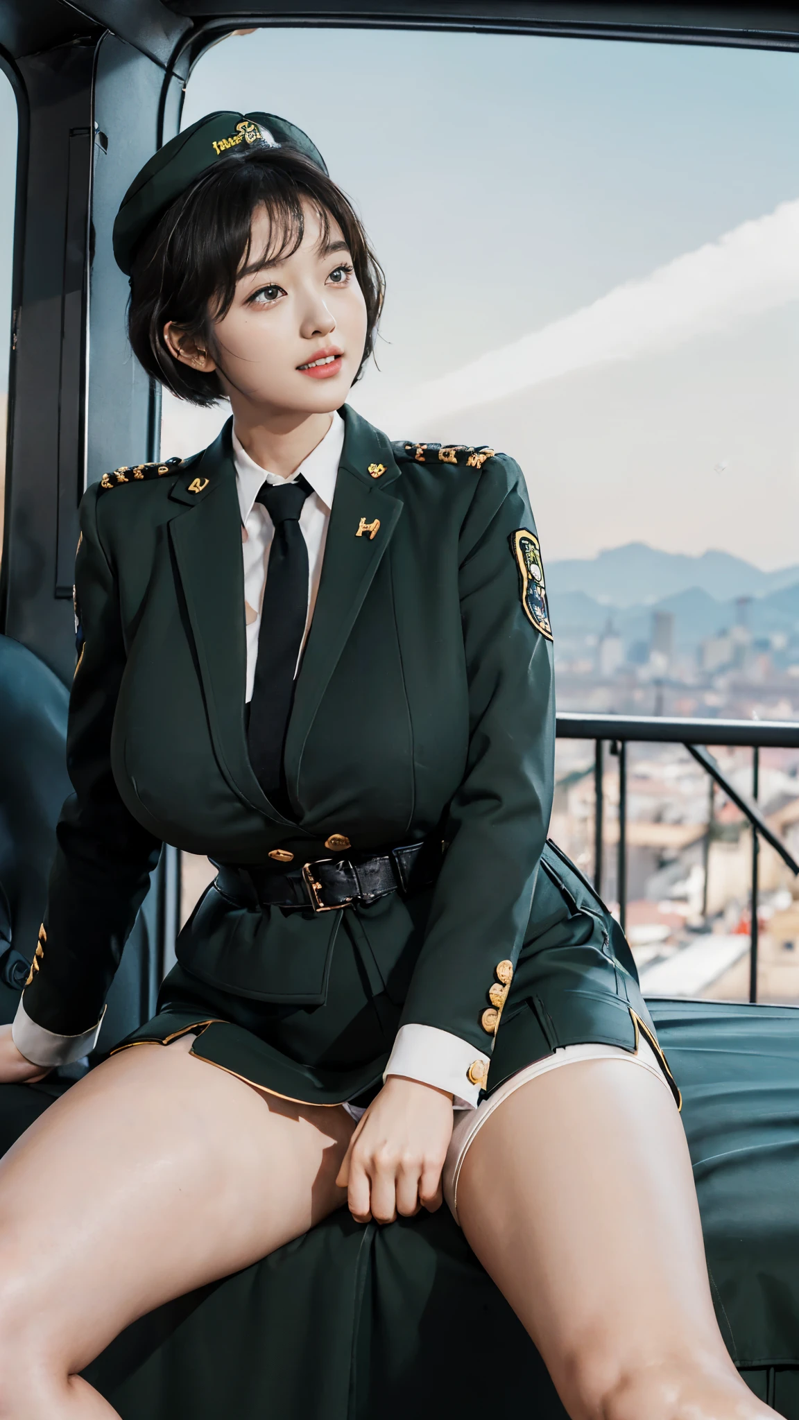 Usually detailed CG Unity 8K wallpaper，（tmasterpiece），（Best quality at best），（ultra - detailed），（ultra real photo），（best character detail：1.36），Nikon D750F / 1.4 55mm，RAW photos，profesional lighting， physically-based renderingt, 1 plump girl, girl soldier，(Dark green military uniform，Business suit，Fabric texture military uniform, perfect military composure)，(black necktie)，((white panty,))，bare-legged，Plump thighs,(military hat)，((Large wavy curls,curly hair, hair behind ear, (bob cut)):1.2)，the golden ratio,[:(Have a delicate face:1.2):0.2]:，PureErosFace_V1，Dark thick eyebrows,(gigantic breasts:1.55),(gigantic ass),(Plump thighs:1.45),(Wide crotch:1.55),((Place your finger to your breast):1.4)，Close-up shot，((Smile full of confidence， shy):1.35)，(((Close-up of panties),(Close-up of chest,closeup of face),Front view))，(Sunset sky，gentlesunlight，sunshine on face，(light shining on face)，blue-sky，Sunny smile，light glow)，white teeth，(looking at me)，(((thicc, bbwchan, thick thight, Wide hips, Buttocks swell crazily,🐎🍑,(Spread your legs widely:1.2),attractive pose,sexy pose,there  a woman in uniform sitting on the ground with her legs crossed, bare thighs, bare legs, seductive smile, film grain, cinematic lighting) )，azur lane style),spread legs,((Red flags fluttering)),black eyes，glowing skin，snow white skin，(Very close shot),(strong woman),Shot from the side