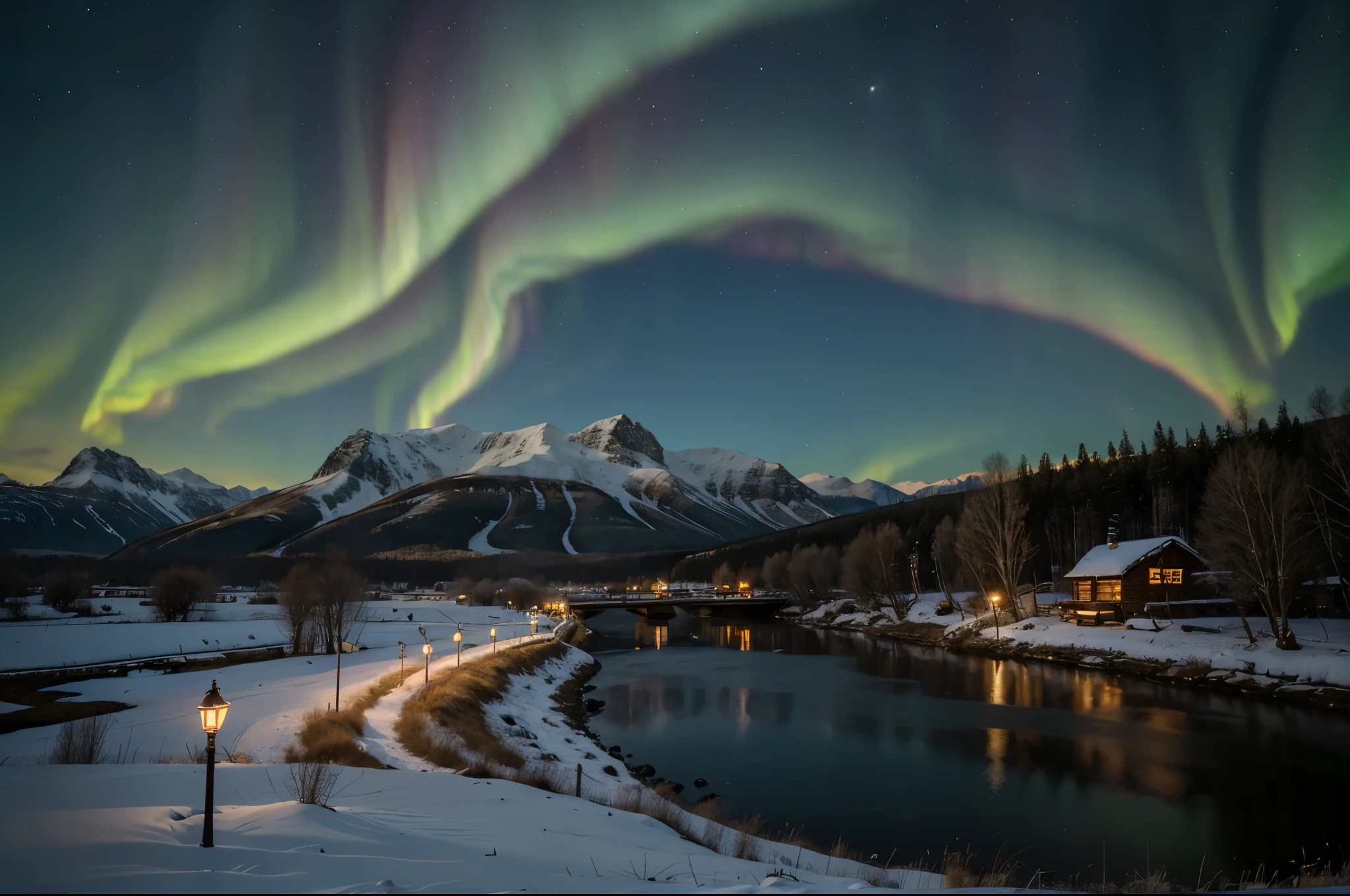 Background, lots of high mountains, lots of clouds, winter, northern lights, aurora, moon night, winter with small city wallpaper, beautiful lake, high details, realistic 8k full HD.