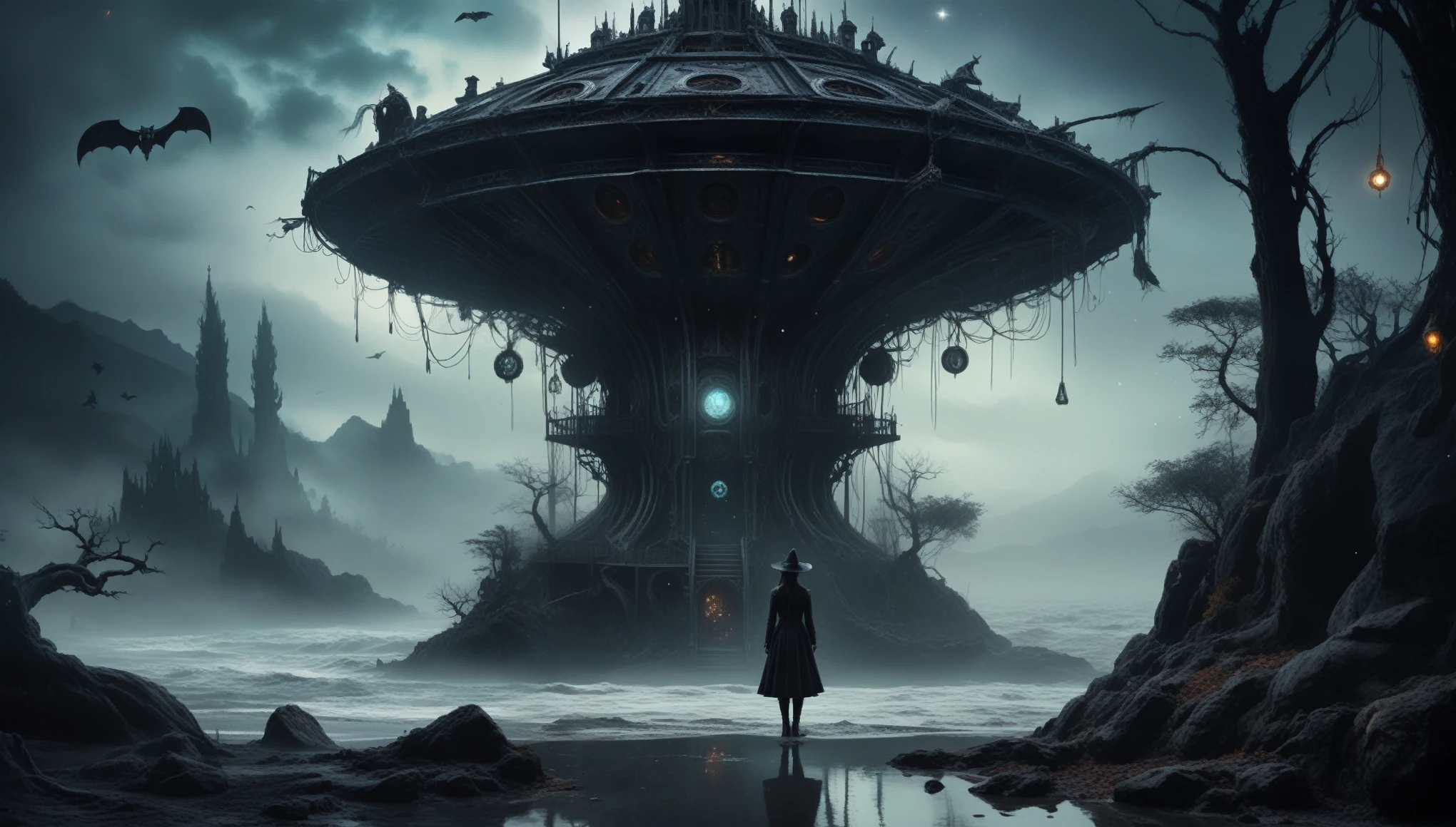 steampunk dark horror theme,psychologic fantasy, young witch waiting her husband from war, black and white color mechanical clockwork Spaceship under sea, ominous landscapes,large number of stars fly towards the viewer,ruined,ruined theme,lots of flying dust,amazon,full body length,maybe pretty face,Simon Stalenhag,Nicola Samori,Wangechi Mutu,extremely detailed,masterpiece,intricate details,eyes extremely detailed, high detailed eyes,32k resolution, Nikon Z9,scary town,full body length,evil ghost Iridescent,intricate details,like Stone Forest in Yunnan Province of China, eerie atmosphere, ethereal presence, swirling mists, supernatural entities, demonic essence, shadowy forms, sinister aura,pale skin, dark and twisted branches, macabre elements, otherworldly beauty, ethereal glow, eerie and ominous lighting,Ethereal atmosphere,otherworldly charm,Complicated details,Exquisite features,Surreal atmosphere,captivating creation,witch After the war,Maritime bazar of science and technology