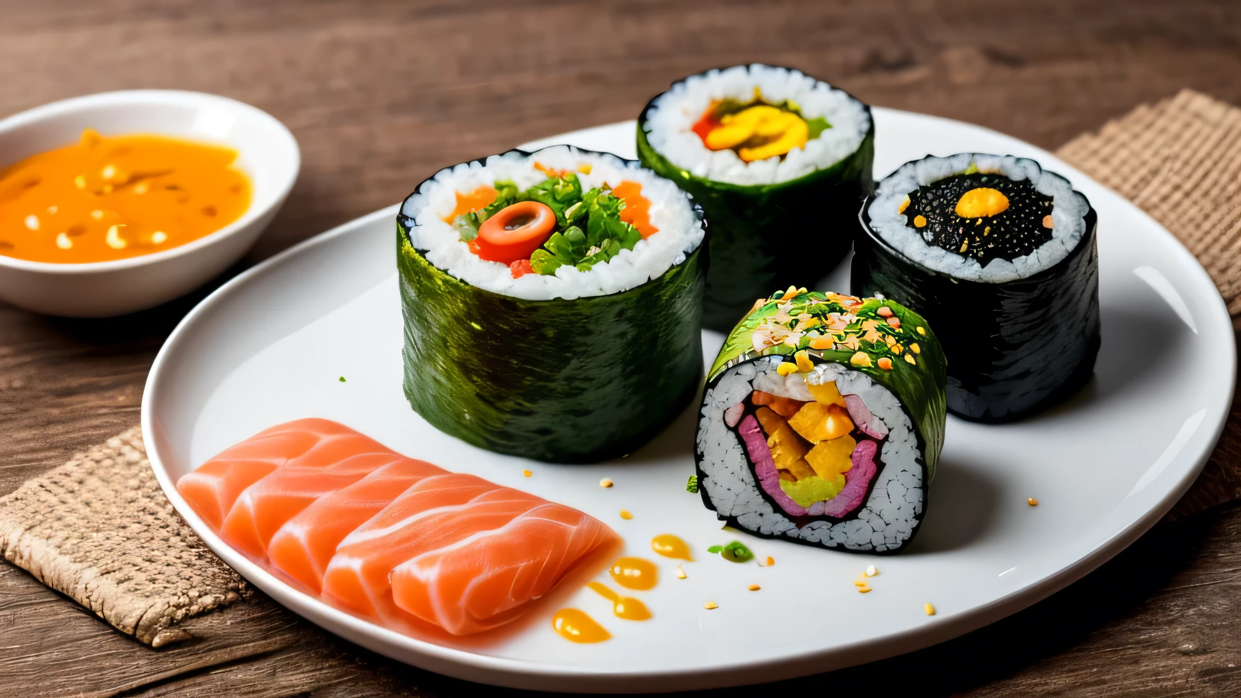 CLOSE UP captures a photorealistic image of a gourmet sushi plate presented in an artistic and elegant way, ideal for commercial stock photography. El plato debe estar compuesto por una variedad de sushi, incluyendo nigiri, maki y sashimi, con colores vibrantes y texturas detalladas. The sushi must be carefully arranged on a high-end ceramic plate, with a minimalist and elegant design.

Los detalles son cruciales: make sure to show the freshness of the fish, el brillo del arroz perfectamente cocido, y las decoraciones de alta cocina, como flores comestibles, thin slices of lemon and a touch of caviar. The accompanying utensils, such as premium quality bamboo chopsticks and a small bowl of soy sauce with a splash of wasabi, must be present in the composition.

Lighting should be natural but well controlled, destacando las texturas y los colores del sushi, sin sombras duras. The depth of field must be adjusted so that the sushi plate is in sharp focus, while the background is softly out of focus, creating artistic bokeh that further highlights the main course.

Use high-resolution cameras such as the Canon EOS R5 or the Sony A7R IV, equipadas con lentes de alta calidad como el Canon RF 85mm f/1.2L o el Sony FE 90mm f/2.8 Macro G OSS, para capturar todos los detalles con una nitidez impecable y una rica gama de colores. Make sure the final image is high resolution, adecuada para impresiones grandes y usos comerciales."