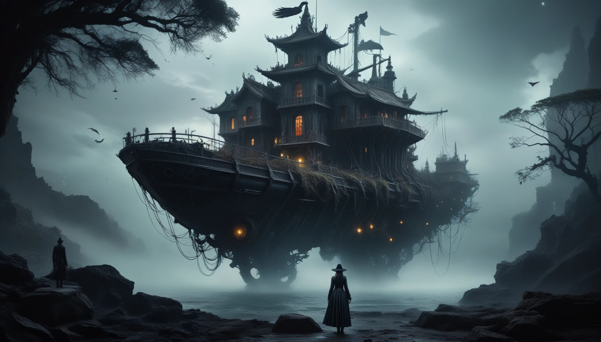 steampunk dark horror theme,psychologic fantasy, young witch waiting her husband from war, black and white color mechanical clockwork Spaceship under sea, ominous landscapes,large number of stars fly towards the viewer,ruined,ruined theme,lots of flying dust,amazon,full body length,maybe pretty face,Simon Stalenhag,Nicola Samori,Wangechi Mutu,extremely detailed,masterpiece,intricate details,eyes extremely detailed, high detailed eyes,32k resolution, Nikon Z9,scary town,full body length,evil ghost Iridescent,intricate details,like Stone Forest in Yunnan Province of China, eerie atmosphere, ethereal presence, swirling mists, supernatural entities, demonic essence, shadowy forms, sinister aura,pale skin, dark and twisted branches, macabre elements, otherworldly beauty, ethereal glow, eerie and ominous lighting,Ethereal atmosphere,otherworldly charm,Complicated details,Exquisite features,Surreal atmosphere,captivating creation,witch After the war,Maritime bazar of science and technology