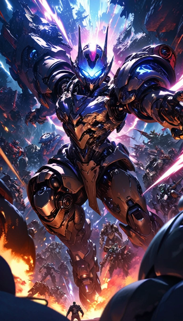 ((super detailed, high resolution, super detailed, top quality, amazing, top quality, highly detailed CG Unity 8k wallpaper, cinematic lighting))), pov, (full body), multiple robots of different shapes are trying to invade the earth. Many kinds of intelligent life robots. They challenge us to a dynamic battle. There are explosion marks all around her, cool and stylish.