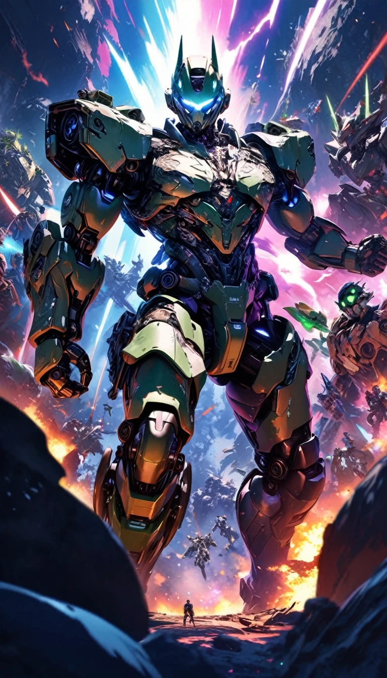 ((super detailed, high resolution, super detailed, top quality, amazing, top quality, highly detailed CG Unity 8k wallpaper, cinematic lighting))), pov, (full body), multiple robots of different shapes are trying to invade the earth. Many kinds of intelligent life robots. They challenge us to a dynamic battle. There are explosion marks all around her, cool and stylish.