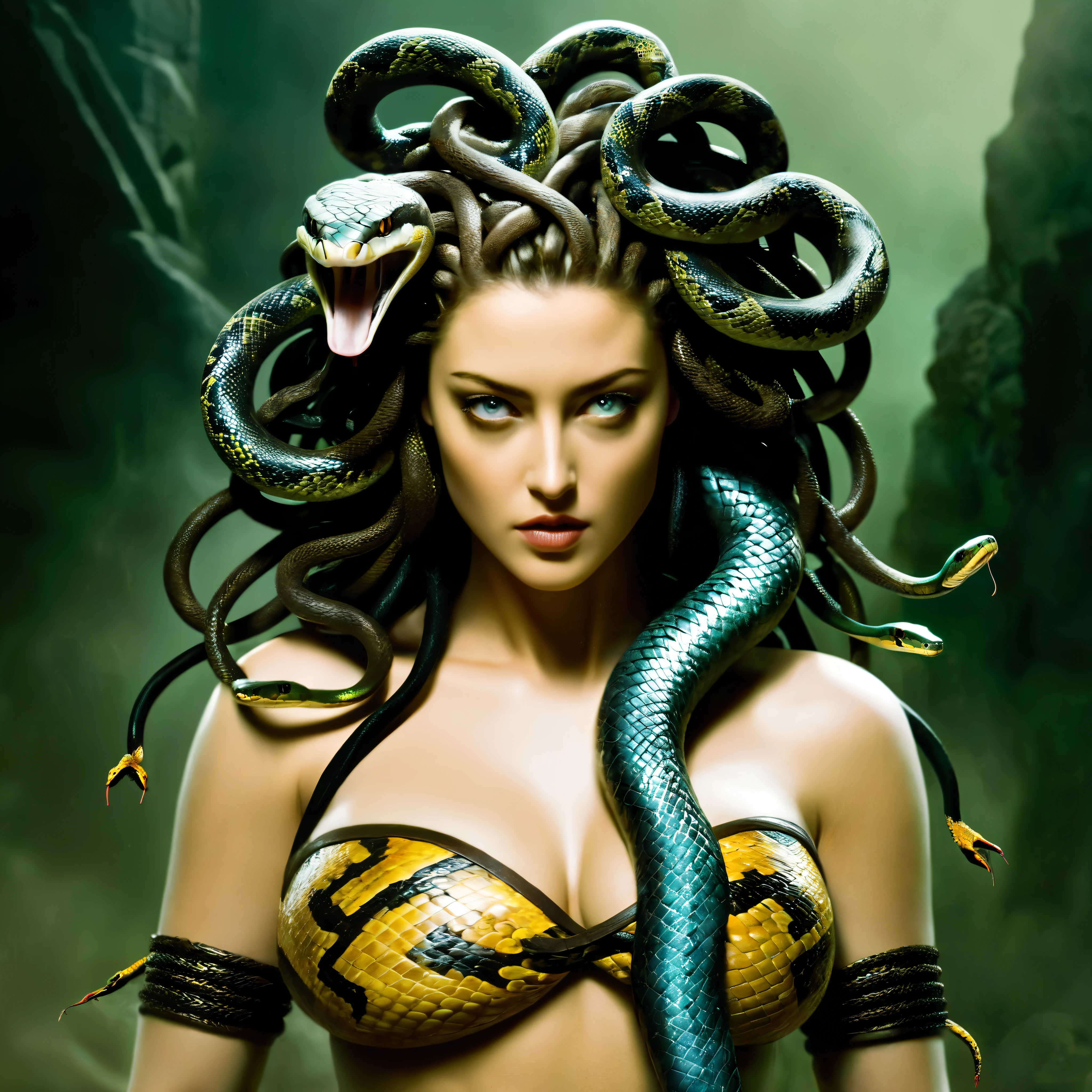 Looks like Amber Heard, thick figure, fleshy body, fierce looks, fiery and glowing eyes, erotic, Dark Fantasy Art of  Medusa a woman with snake dreads holding a snake In Greek mythology, Medusa, also called Gorgo,  a human female with living venomous snakes in place of hair, dark, moody, dark fantasy style