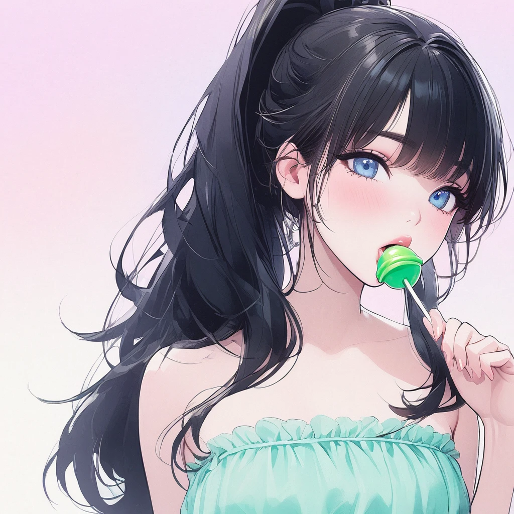 Girl, black hair, blue eyes, beautiful, strapless mint dress, pastel colors, face close-up, flat, ponytail, sucking a green lollipop, lipgloss, brat, lips, tongue 