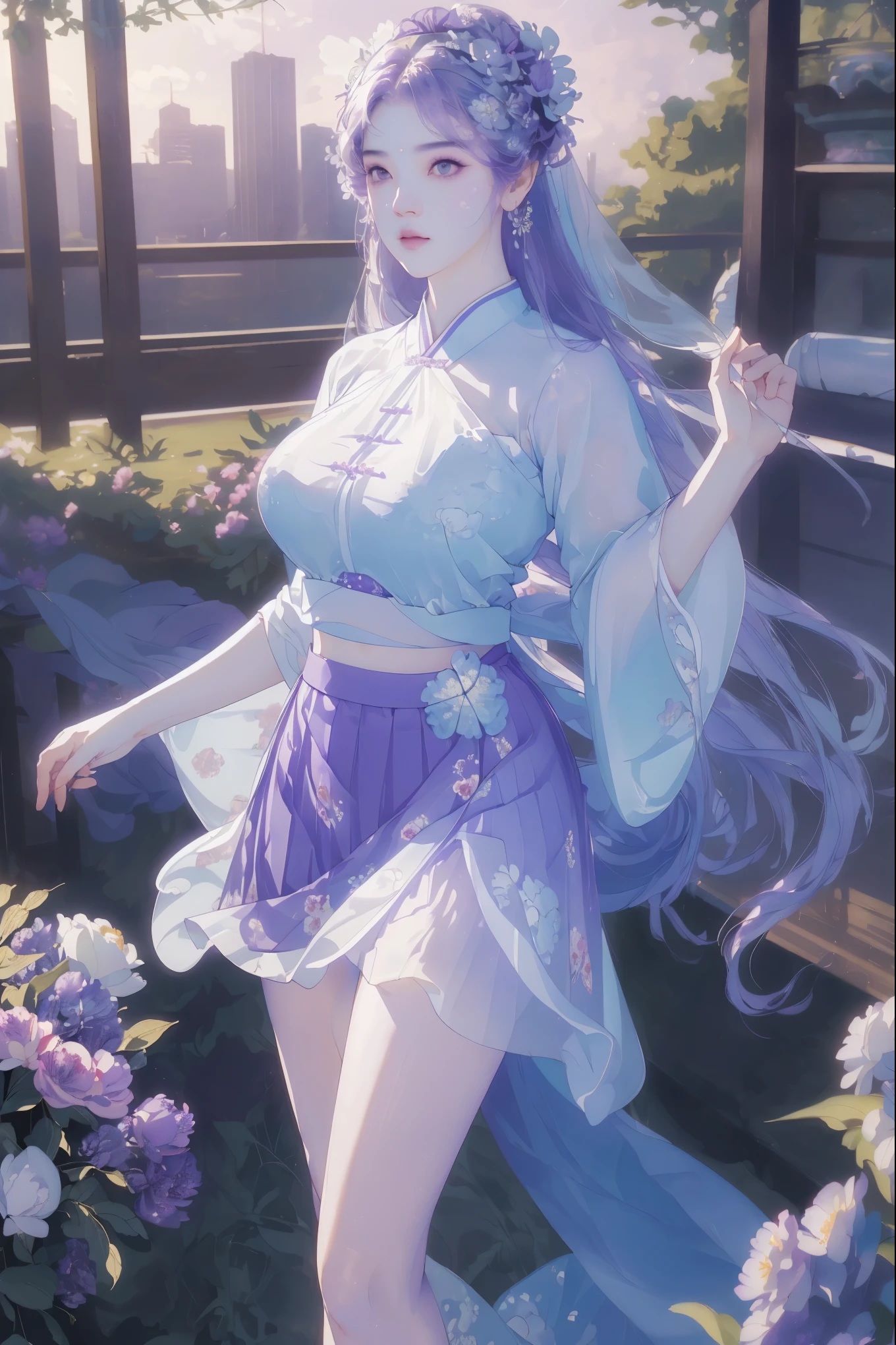 masterpiece, professional lighting, photon mapping, radiosity, physically-based rendering,1girl, full body,absurdres, highres, skyline, beautiful detailed sky, covered , large breasts,(song style outfits, light blue short shan, translucent white pleated skirt, (purple floral songmo:1.2):1.2),yellow eyes,