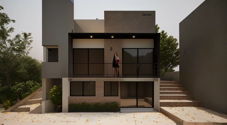 There is a woman standing on the balcony of a house, render profesional, render realista, exterior design, renderizado detallado, render 3 d, renderizado final, architectural rendering, renderizado 2d, Residential design, renderizado en paisaje, semi - render realista, renderizado luminoso, renderizado 3D muy realista, render arquitectura, casa conceptual, renders 3d, 3D FinalRender
