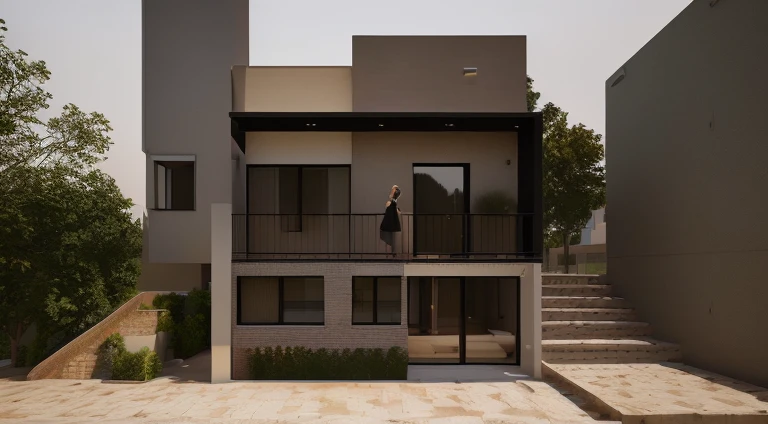 There is a woman standing on the balcony of a house, render profesional, render realista, exterior design, renderizado detallado, render 3 d, renderizado final, architectural rendering, renderizado 2d, Residential design, renderizado en paisaje, semi - render realista, renderizado luminoso, renderizado 3D muy realista, render arquitectura, casa conceptual, renders 3d, 3D FinalRender