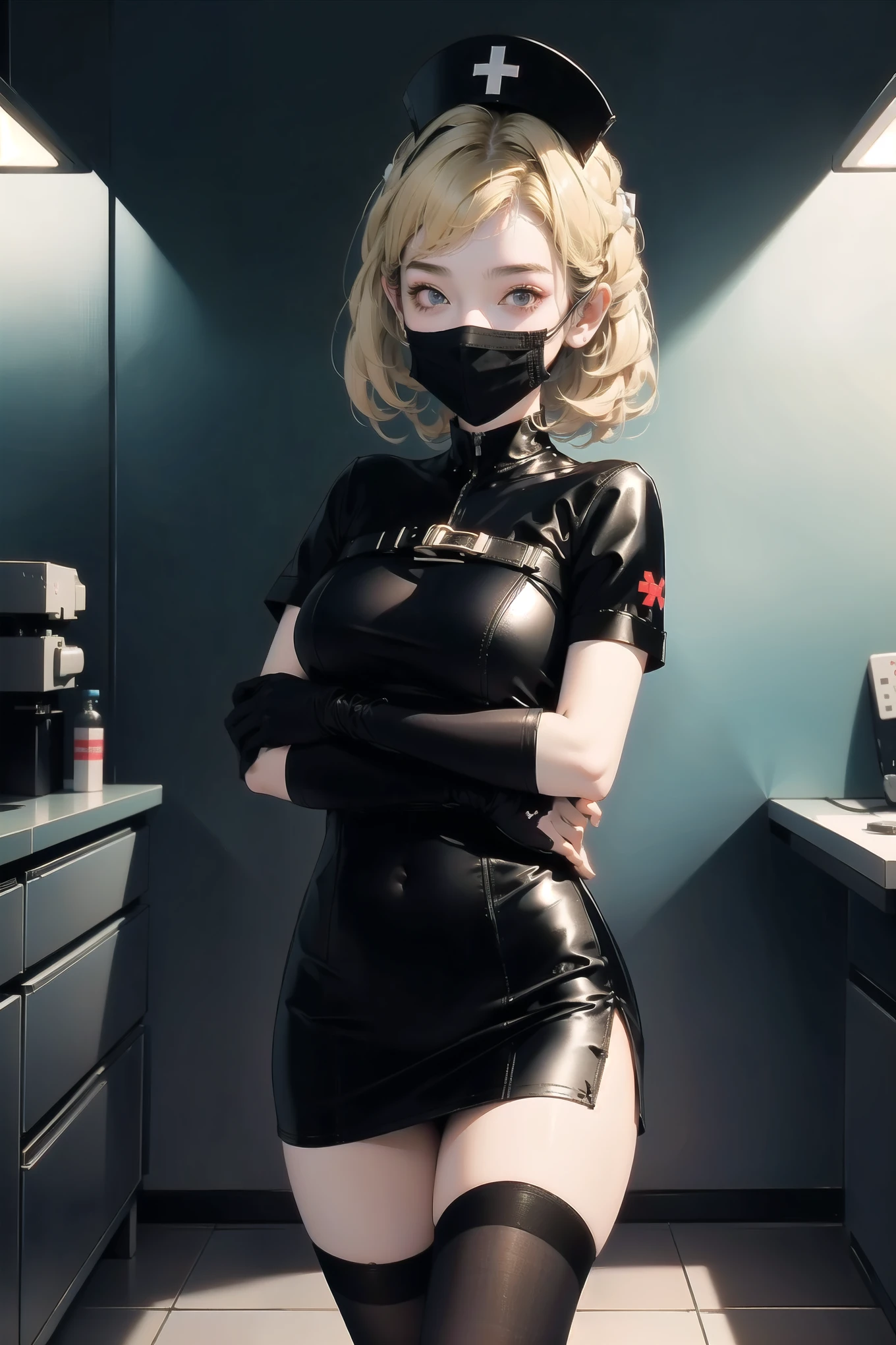 black nurse, 1woman, solo, black nurse cap, black wear, ((black legwear, zettai ryouiki)), black elbow gloves, blonde hair, blue eyes, ((black surgical mask, covered nose)), standing, ((surgery room)), sharp outline, short sleeves, mature female, 35 years old, best quality, masterpiece