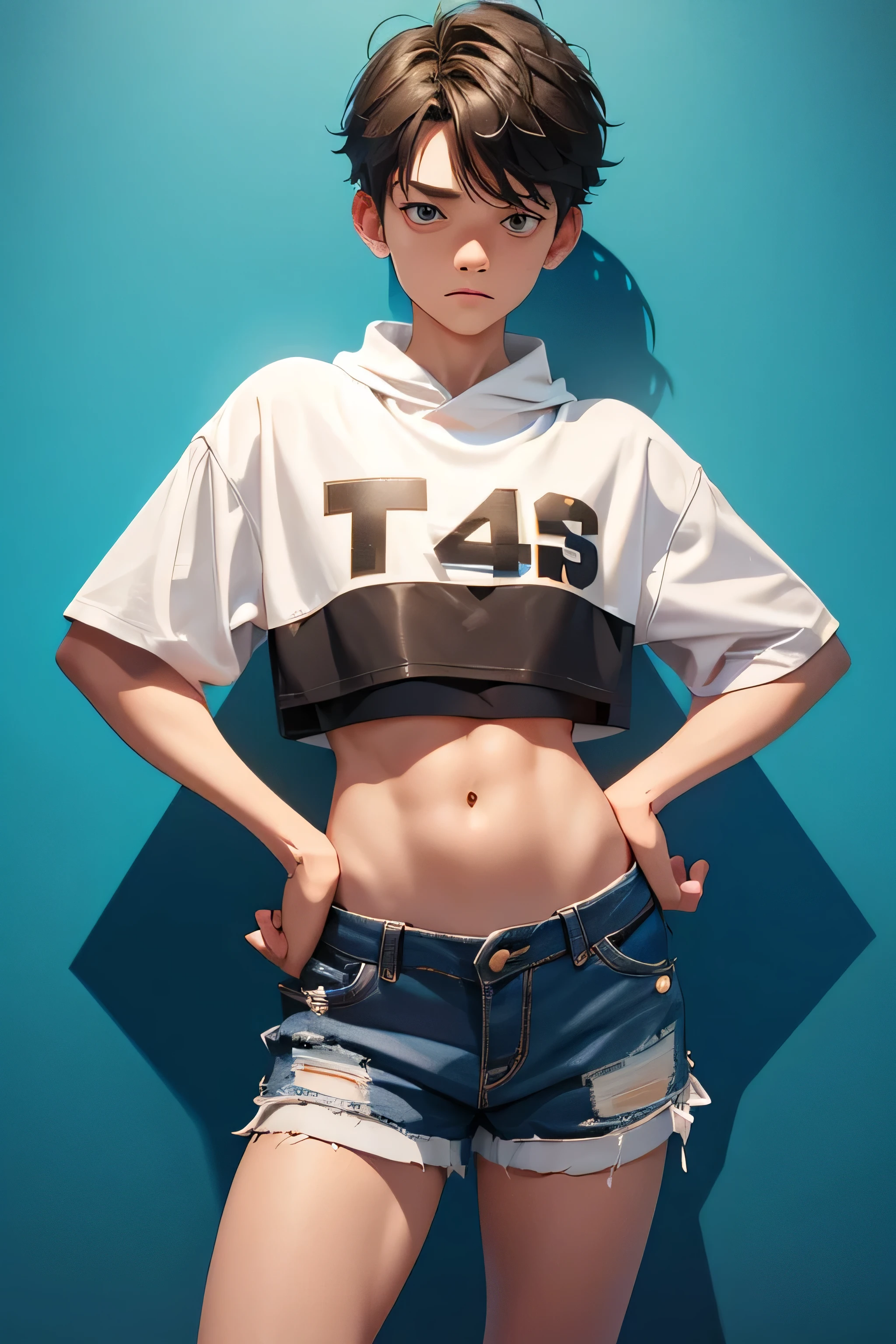 , boy wears a crop top and too very short shorts,